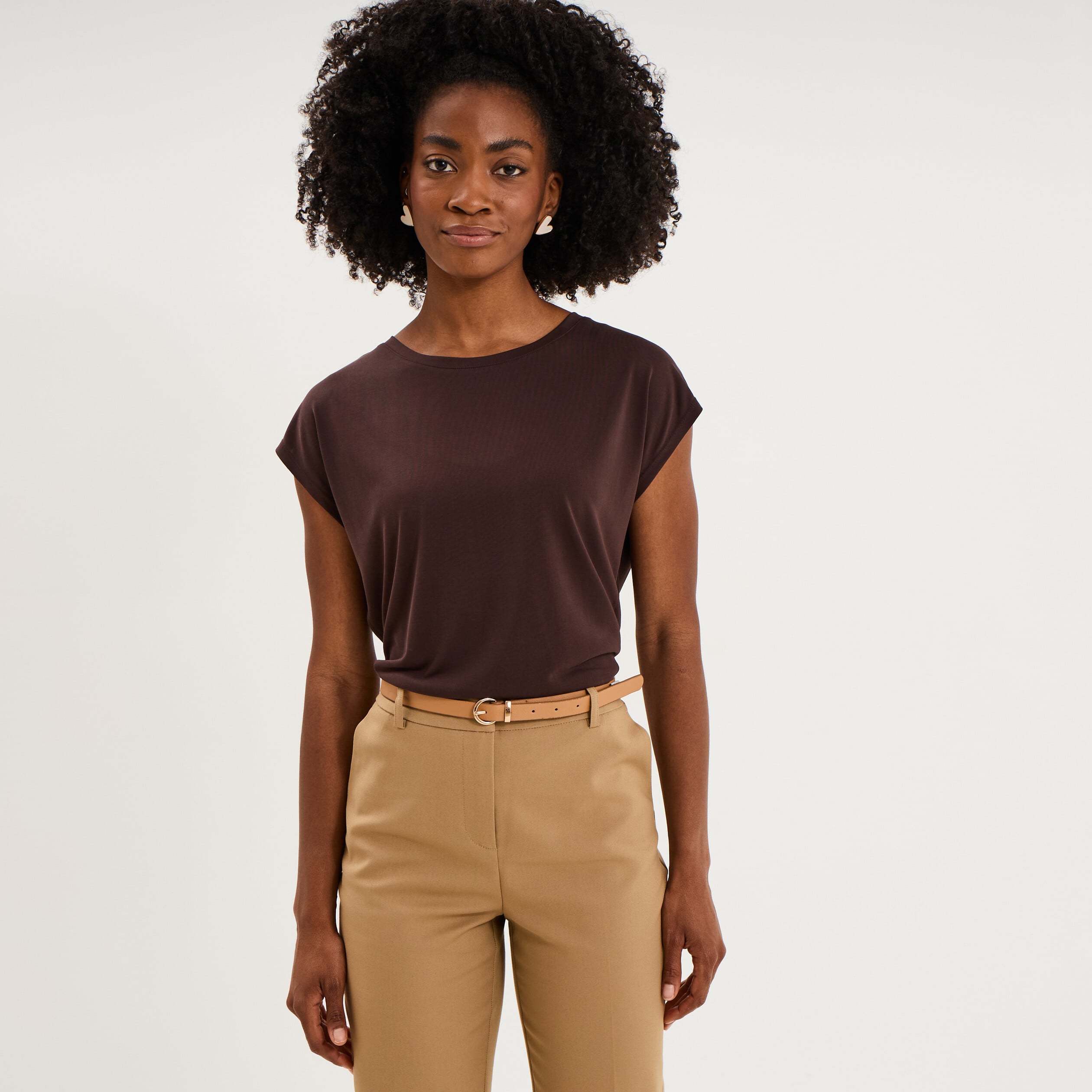 T-shirt manches courtes coupe droite marron fonc&eacute; femme