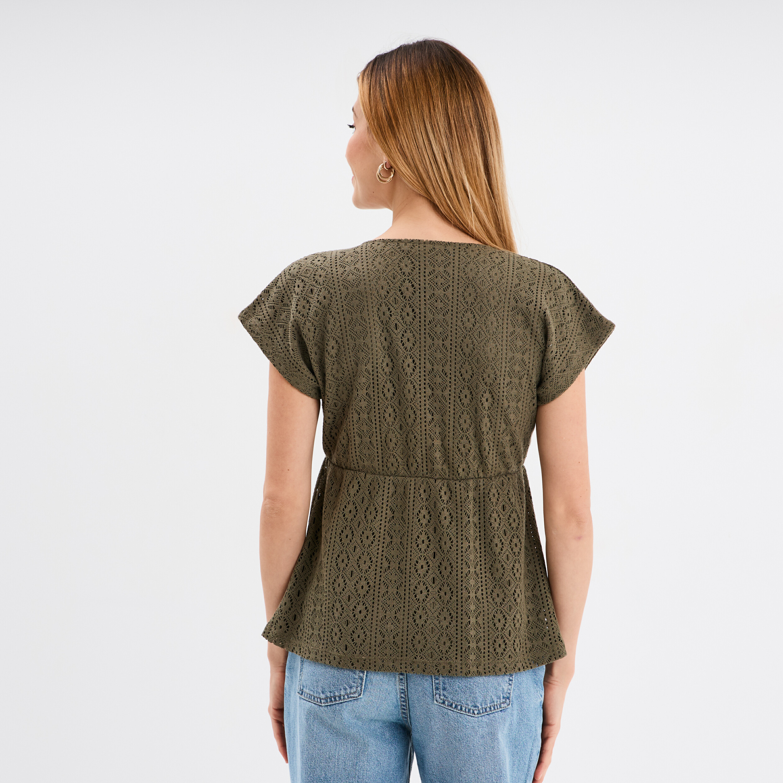 T-shirt dentelle col en V noeud vert kaki femme