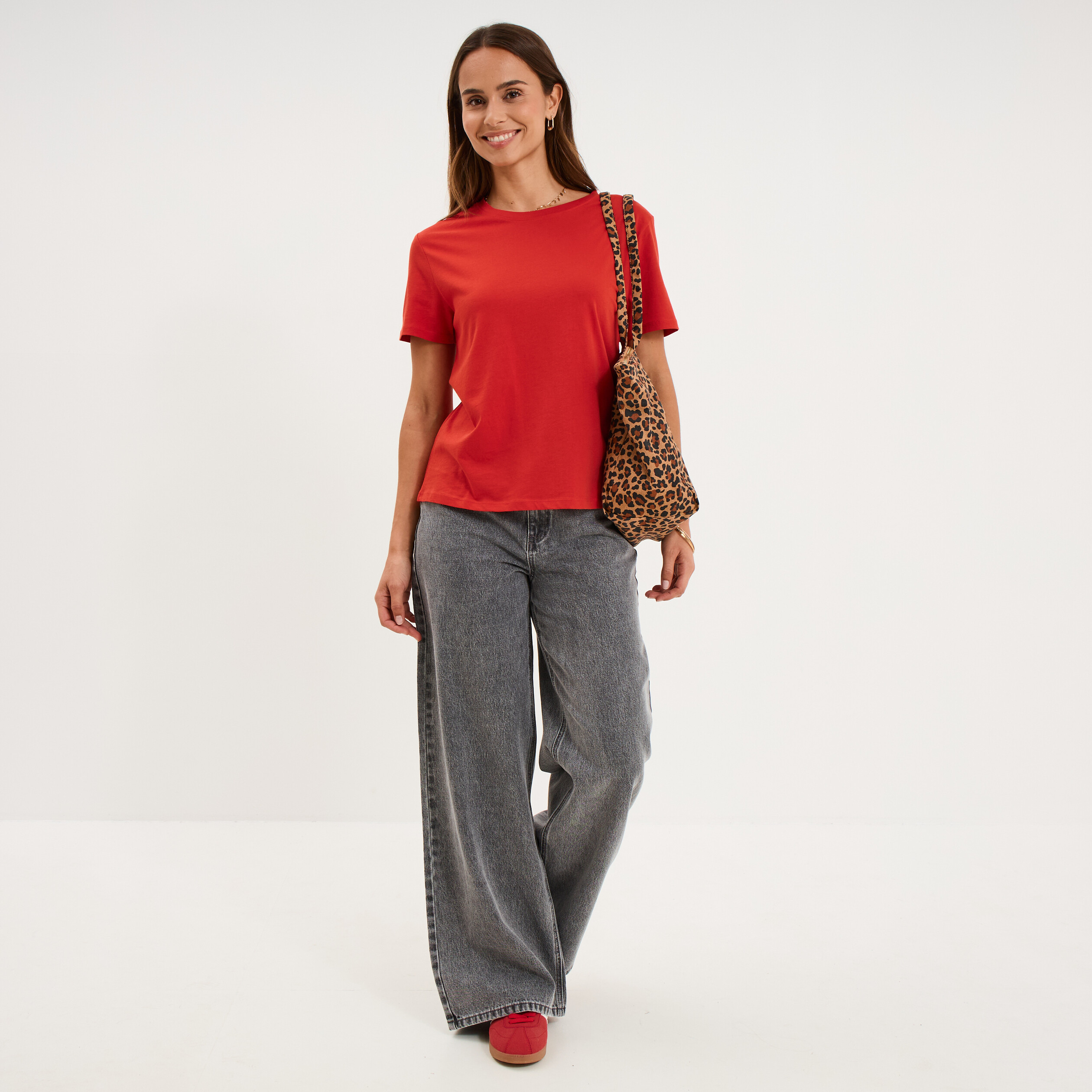 T-shirt col rond manches courtes coton rouge femme