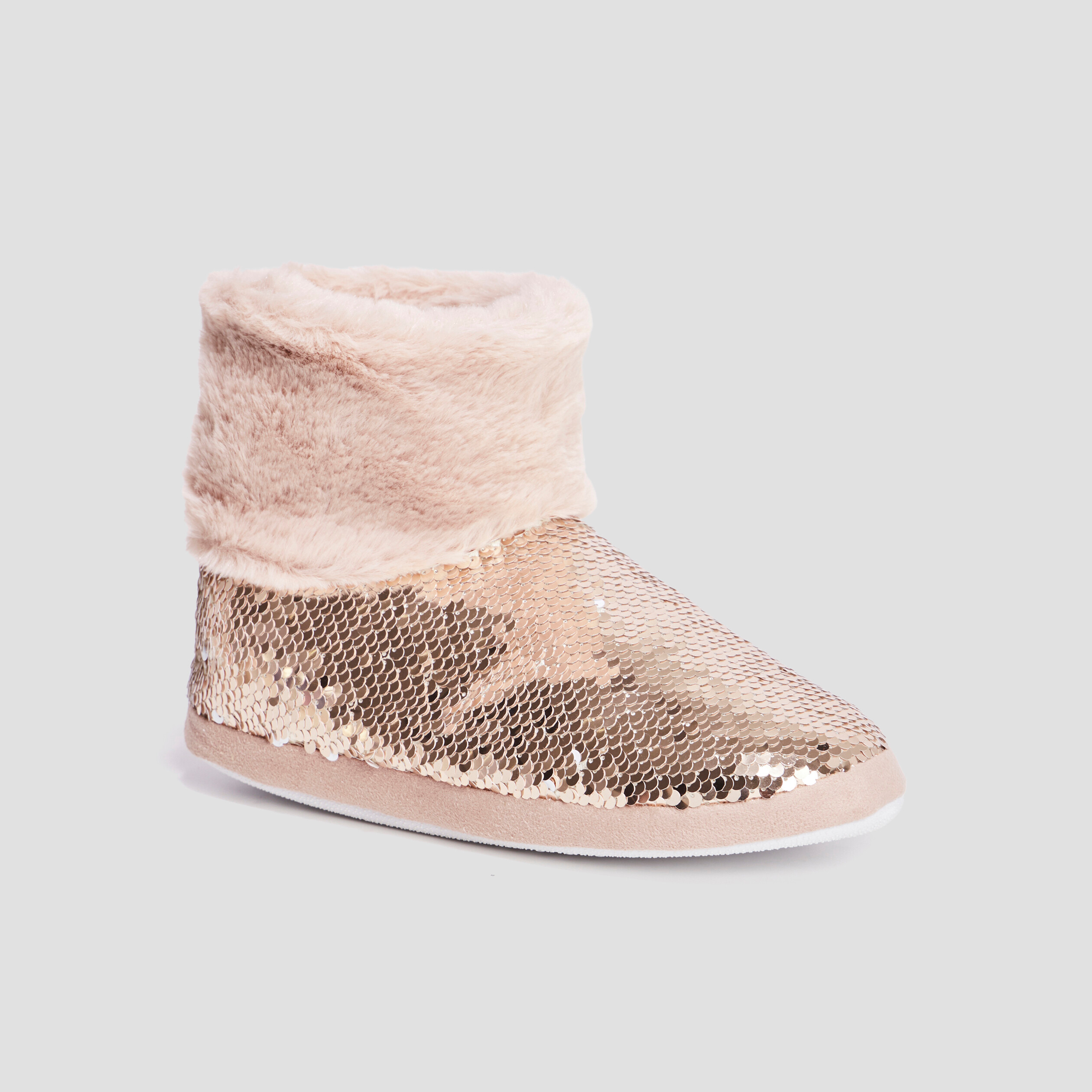 chaussons bottines sequins et fourrure jaune or femme Chaussons bottines sequins et fourrure jaune or femme