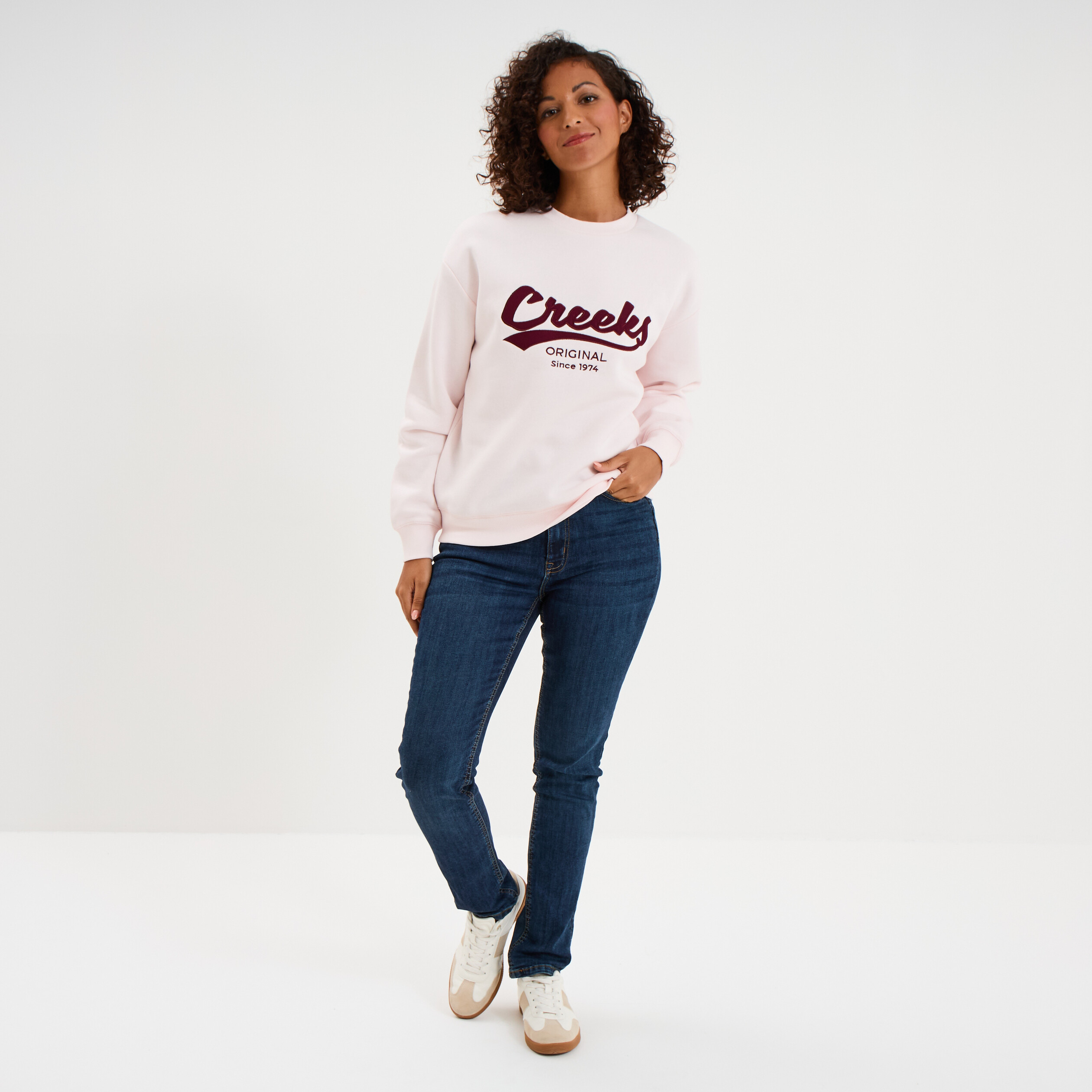 Sweat molleton col rond manches longues rose clair femme