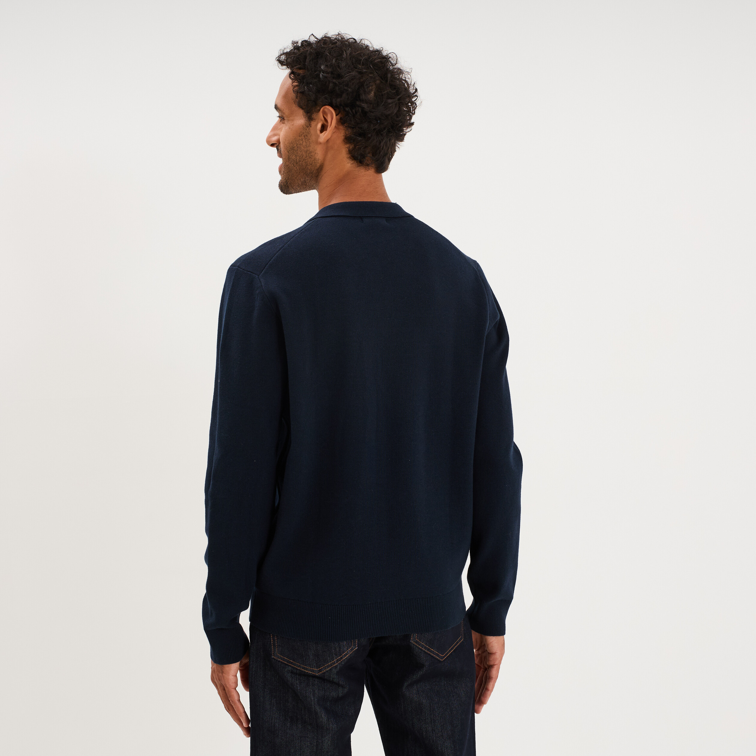 Pull col polo manches longues bleu marine homme