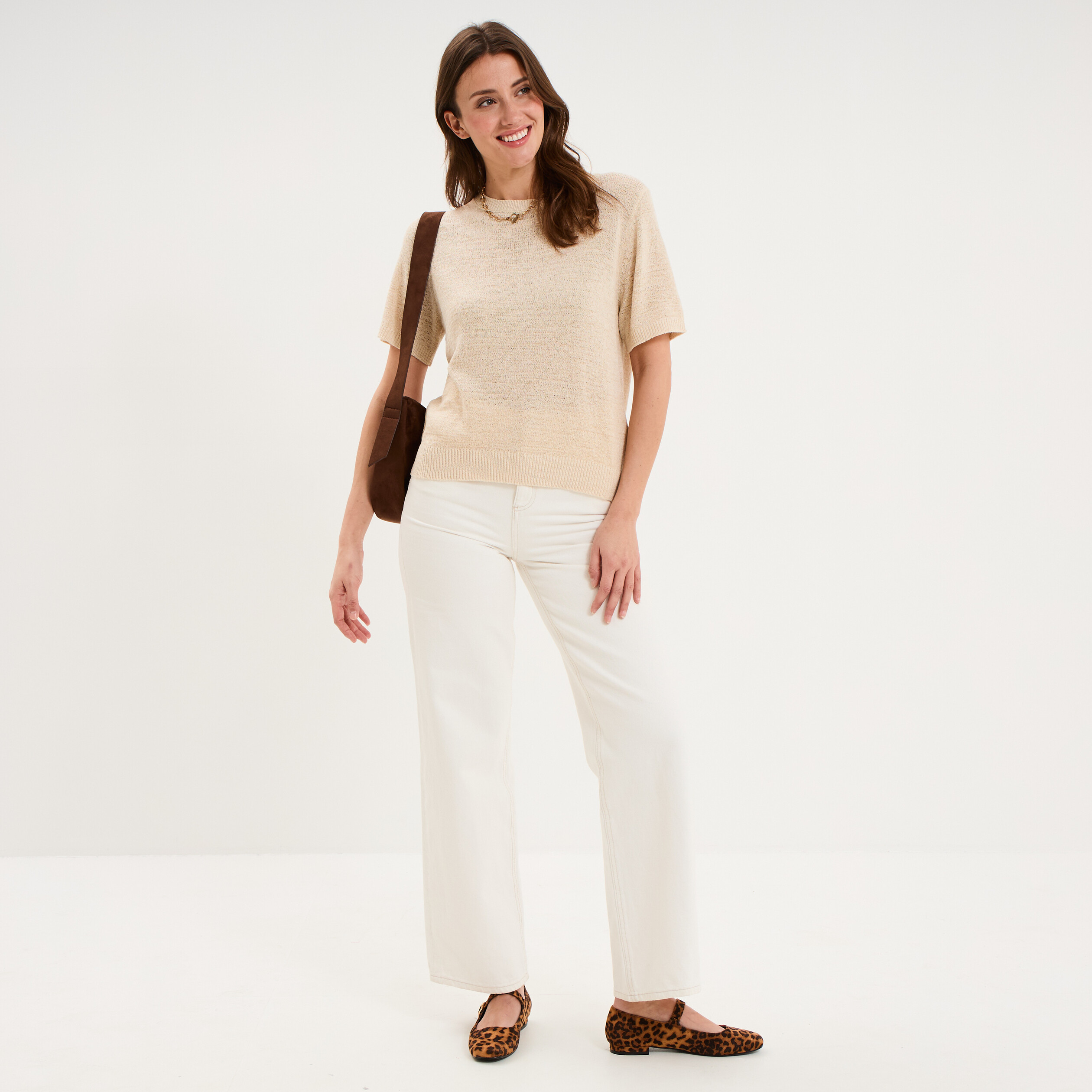 Pull manches courtes col rond beige femme