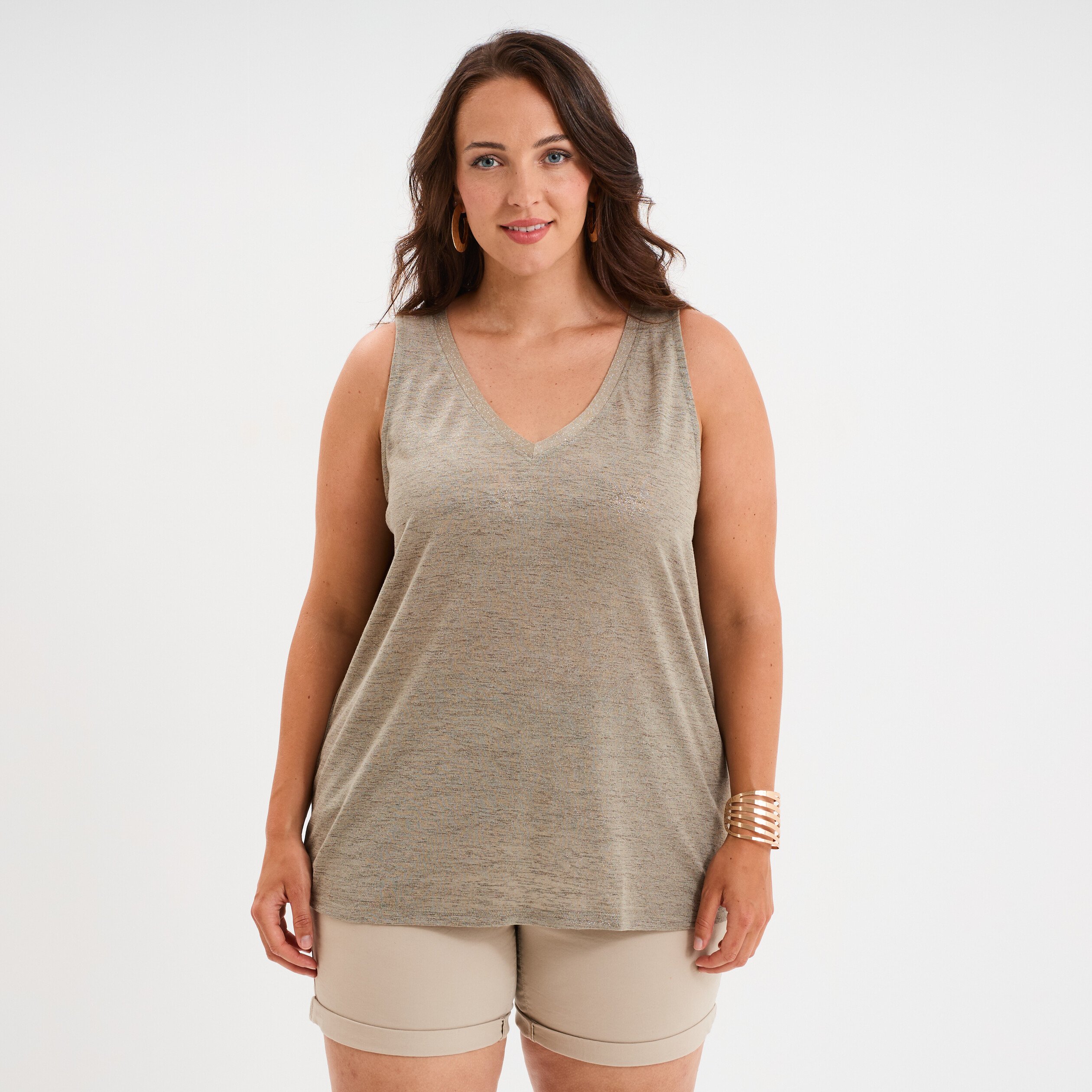 Débardeur droit col en V sans manches vert kaki femme grande taille