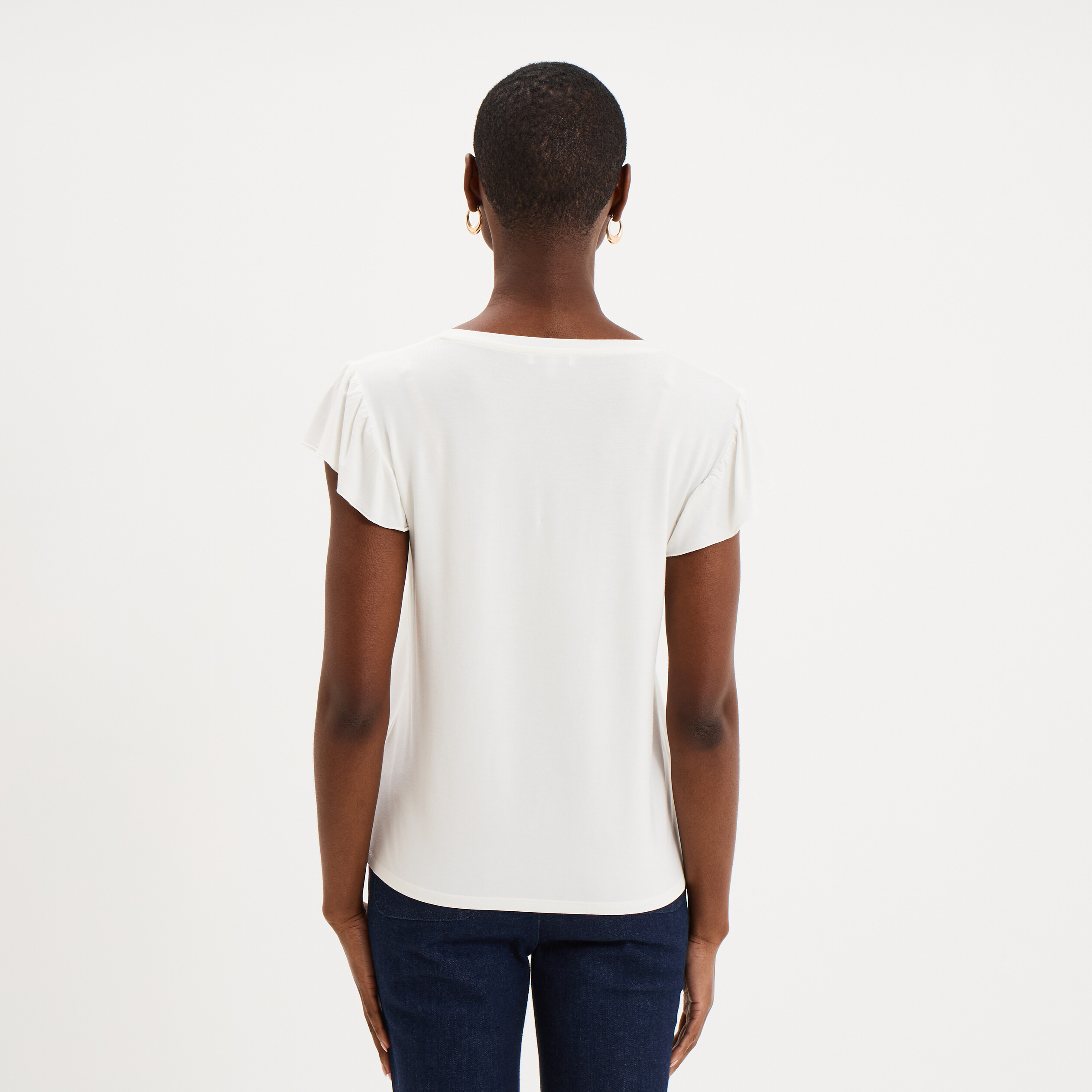 T-shirt droit manches courtes &agrave; volants blanc femme