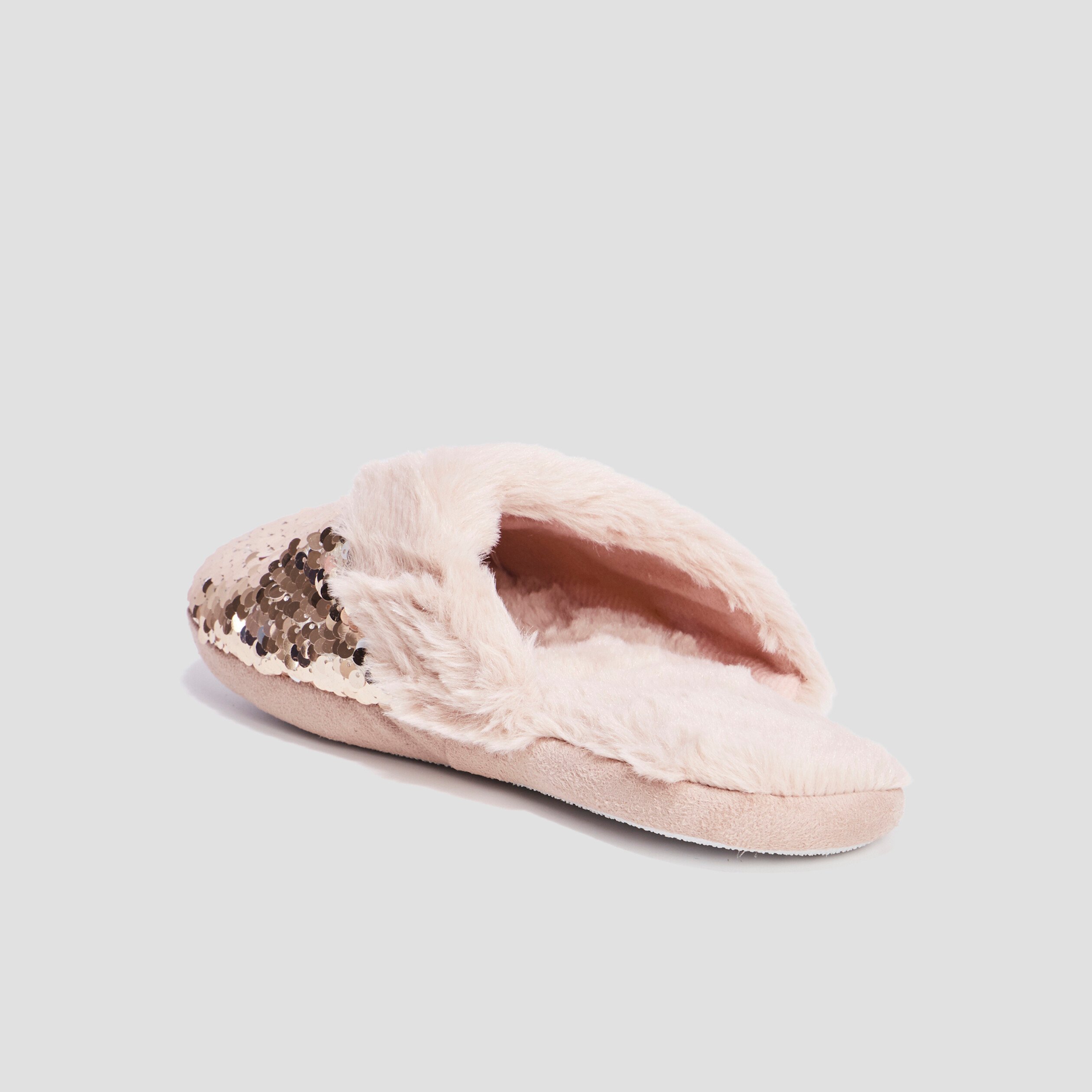 Chaussons mules sequins et fourrure jaune or femme