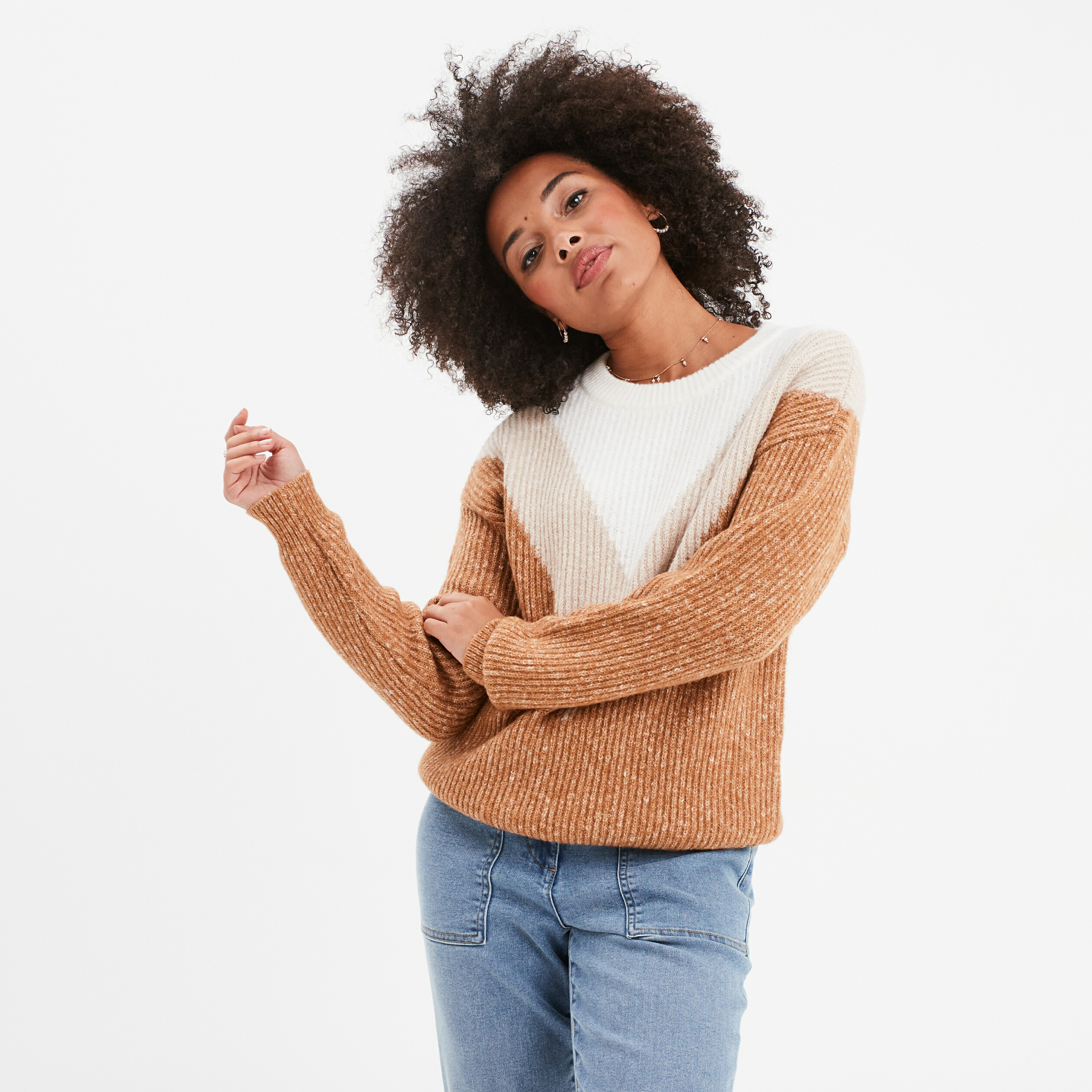Pull manches longues col rond beige femme
