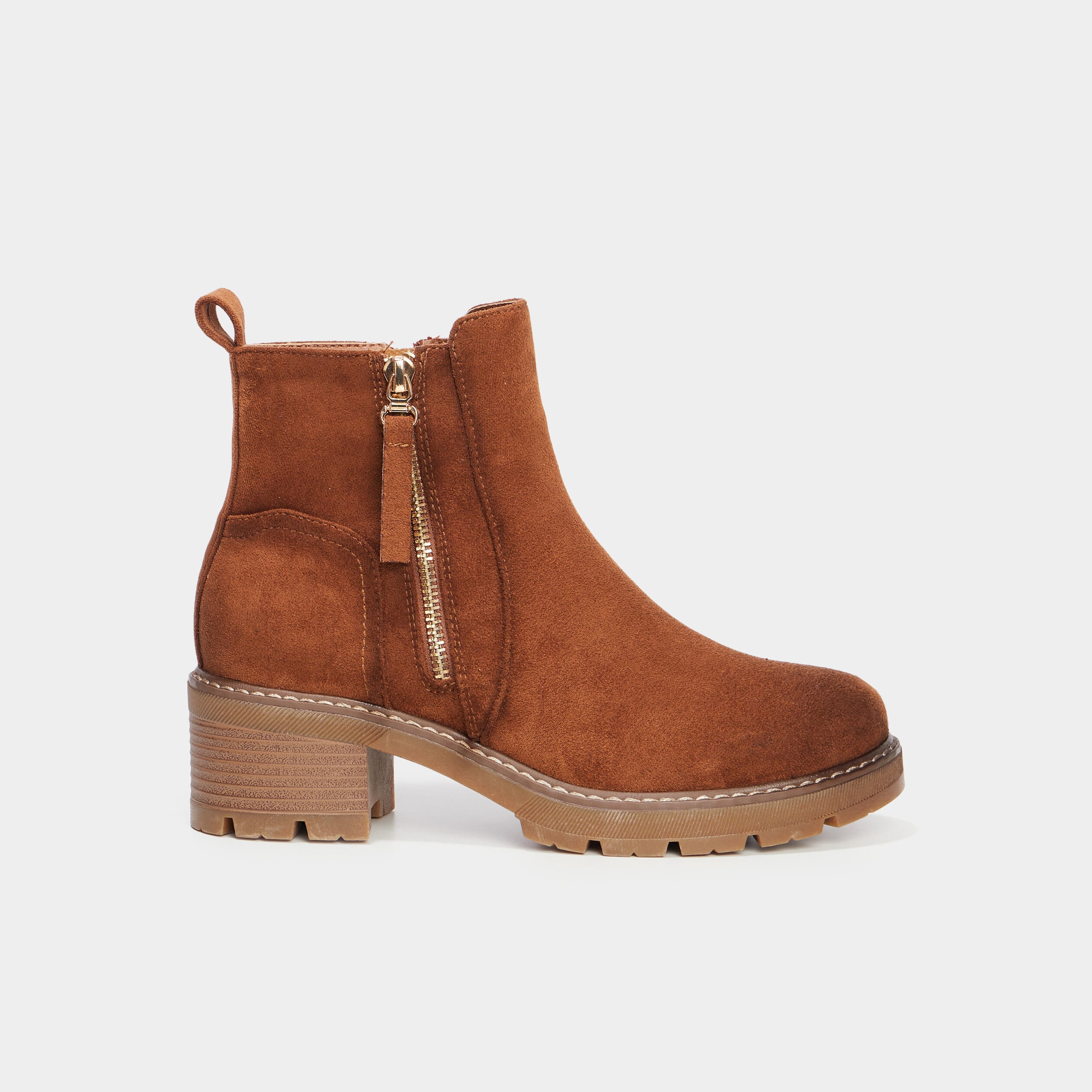 Bottines &agrave; talons effet daim zipp&eacute;es marron femme