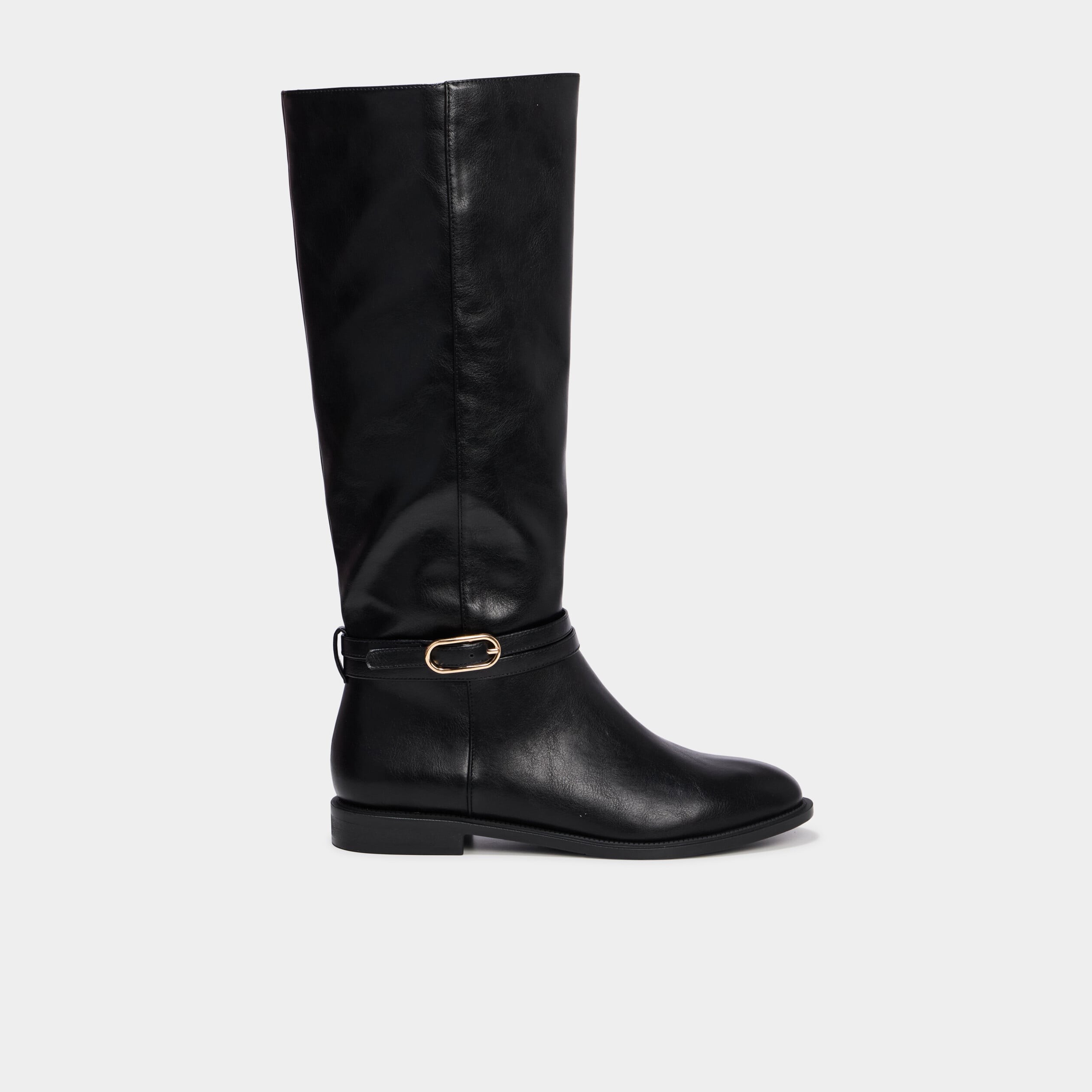 Bottes hautes plates &agrave; boucle noir femme