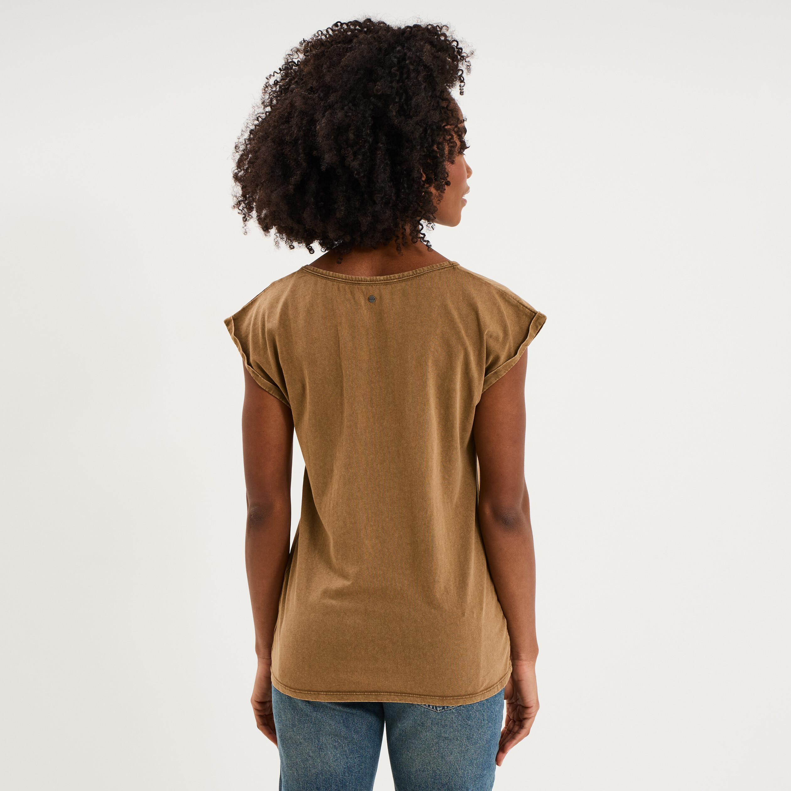T-shirt coton col en V manches courtes beige femme