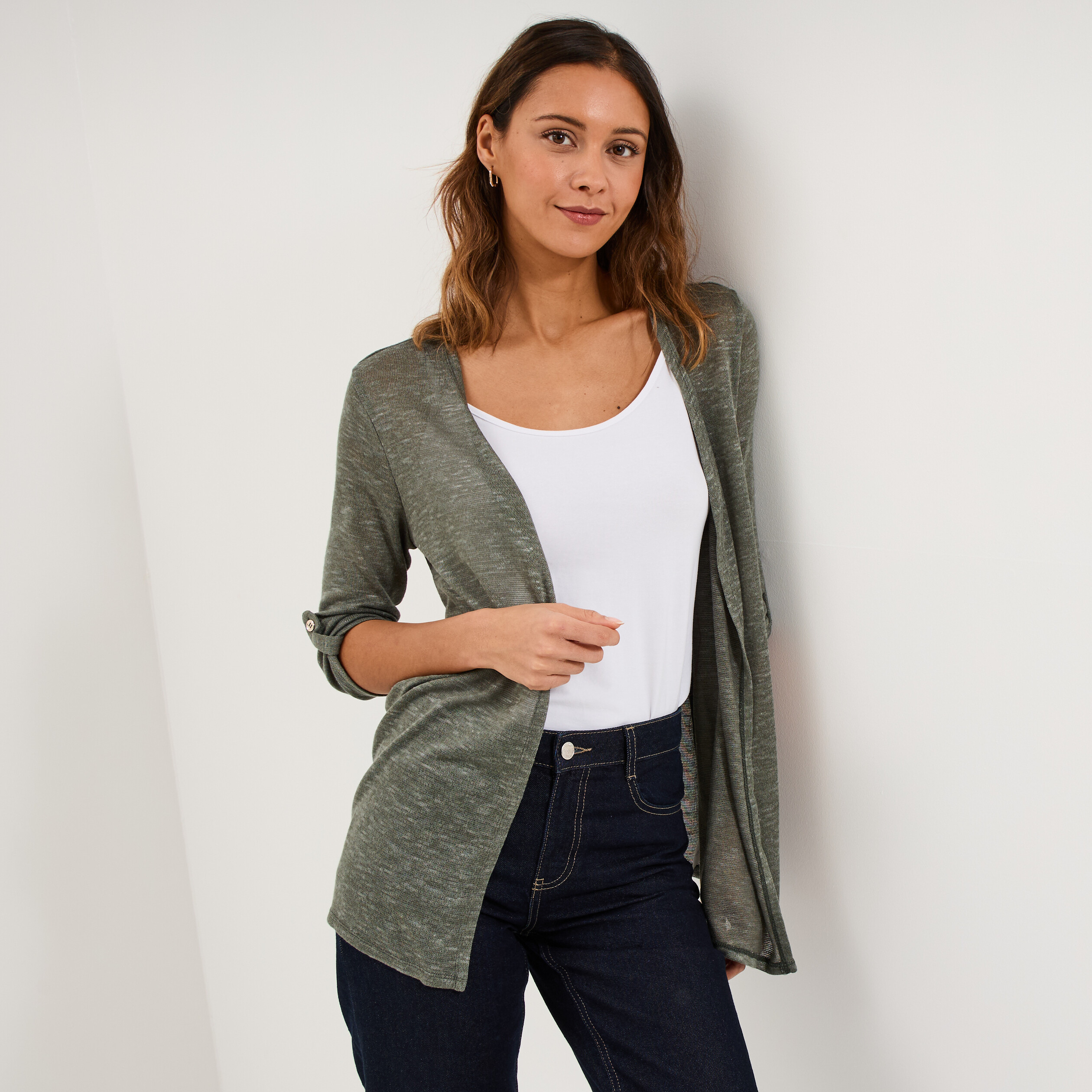 Gilet fin mi long manches 3/4 vert kaki femme