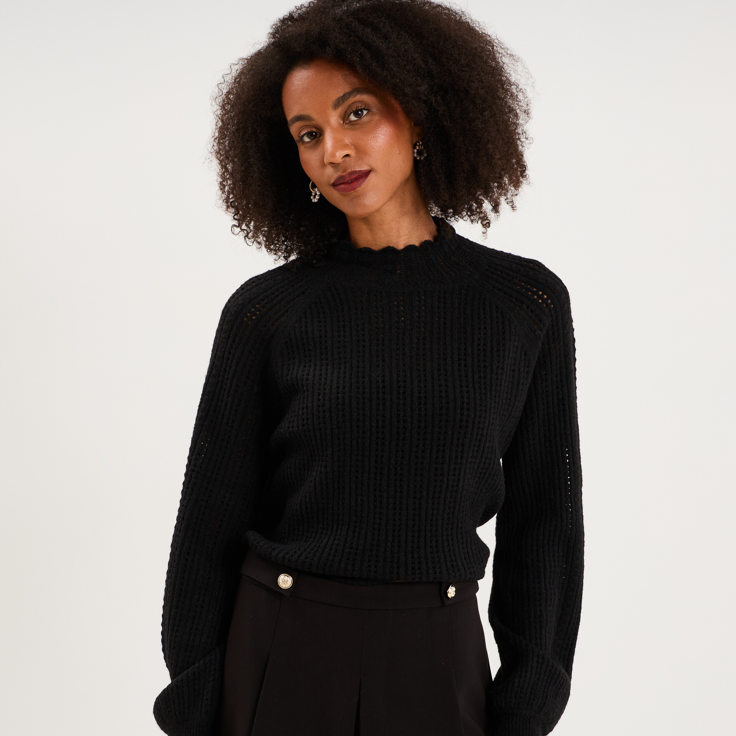 Pull col montant textur&eacute; manches longues noir femme