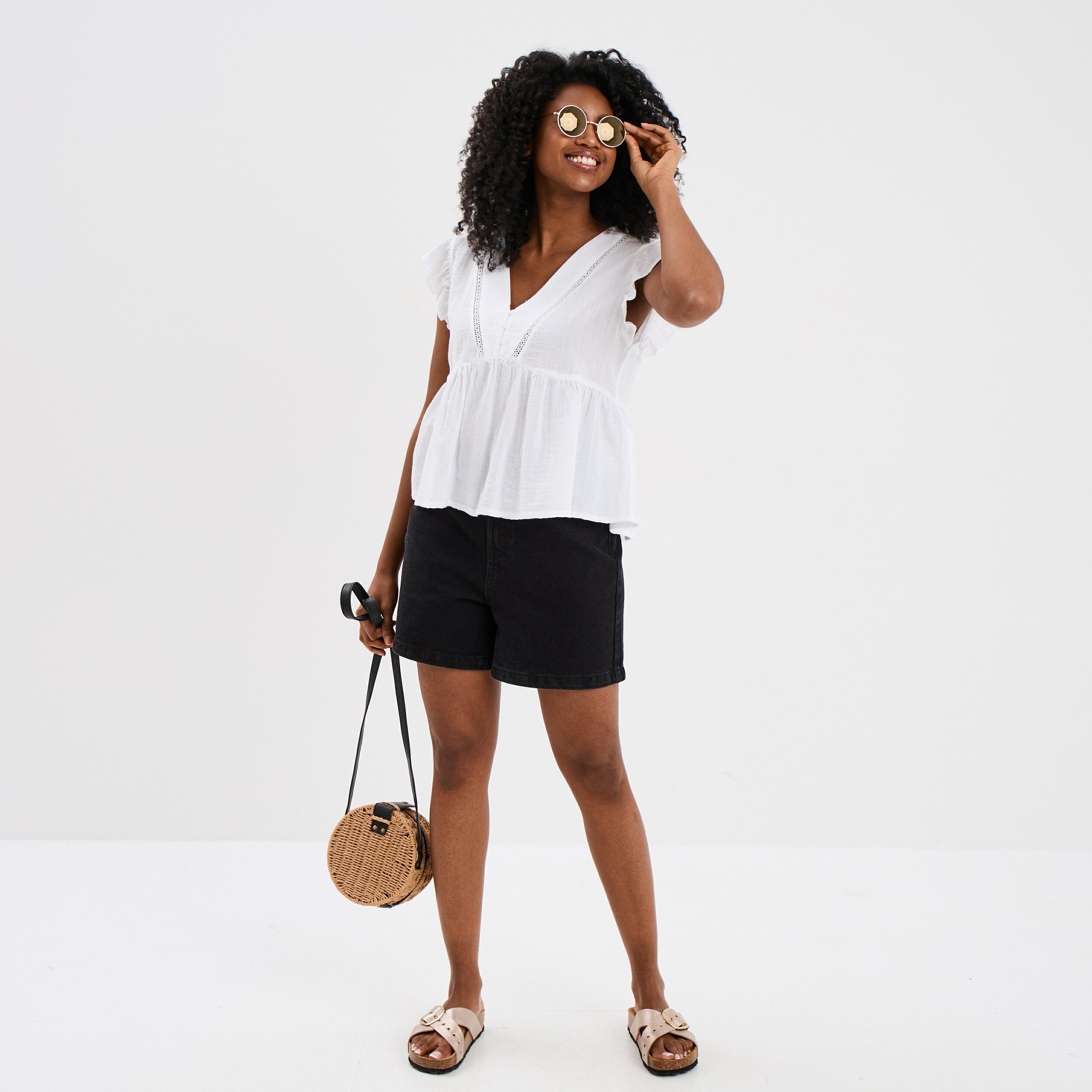 blouse manches volants col en v coton blanc femme Blouse manches volants col en V coton blanc femme