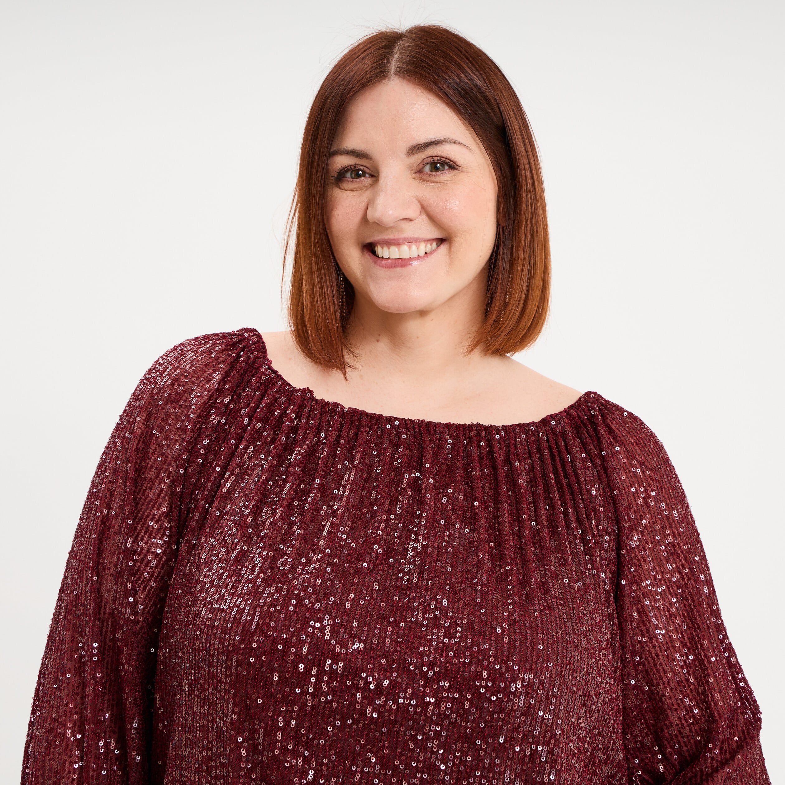 Blouse &agrave; sequins col bardot manches 3/4 rouge fonc&eacute; femme grande taille