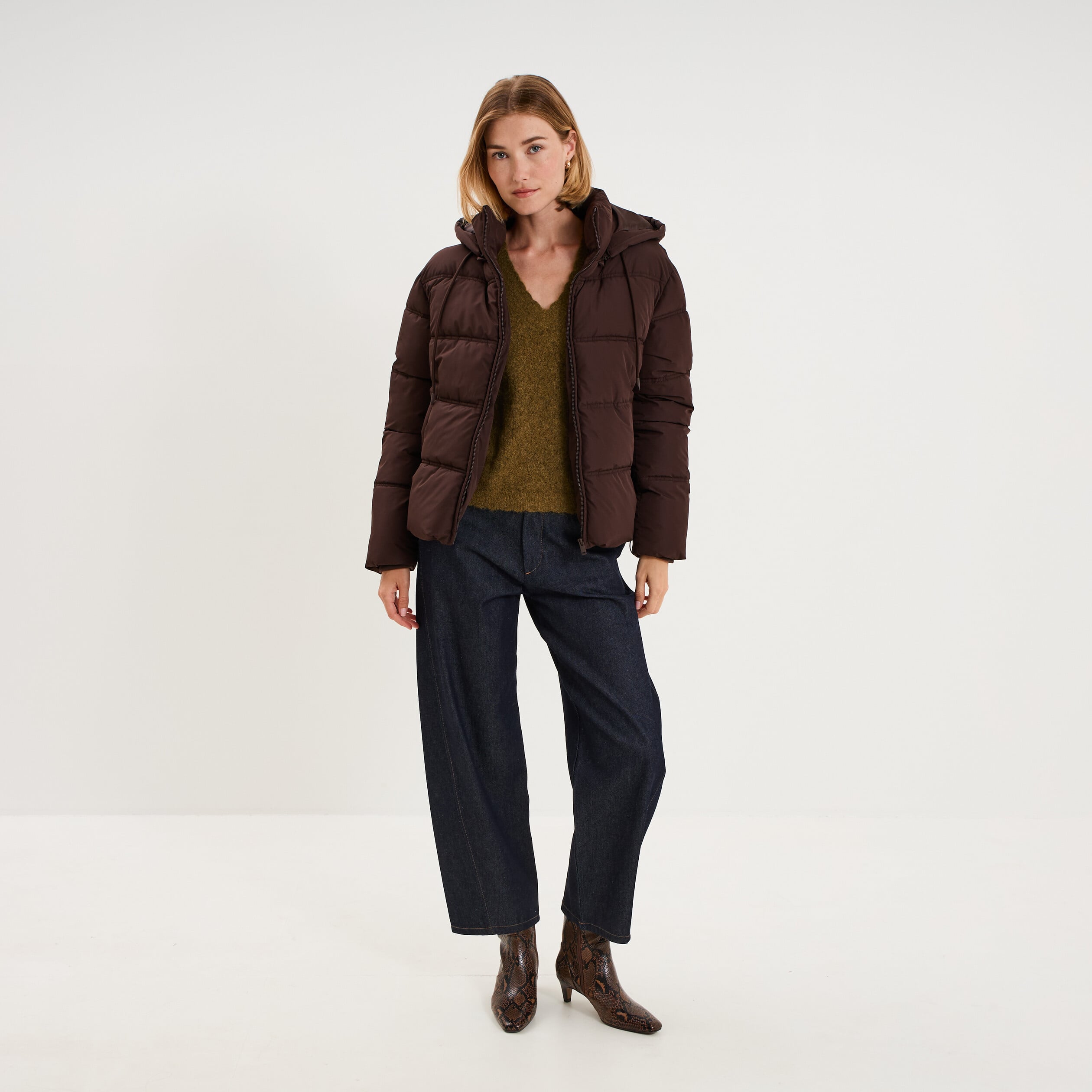 Doudoune &agrave; capuche zipp&eacute;e femme marron fonc&eacute; femme