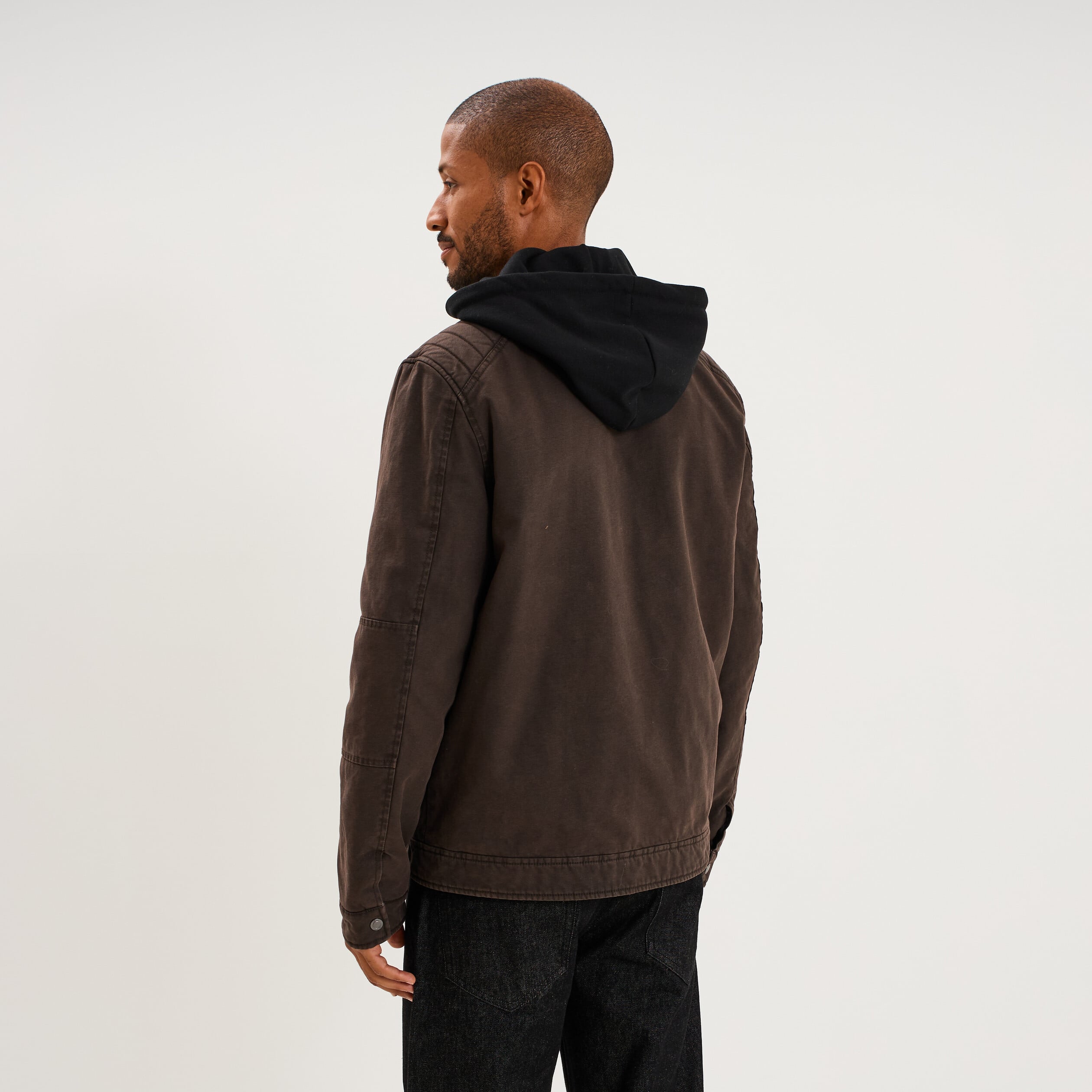 Veste doubl&eacute;e capuche amovible en coton marron fonc&eacute; homme