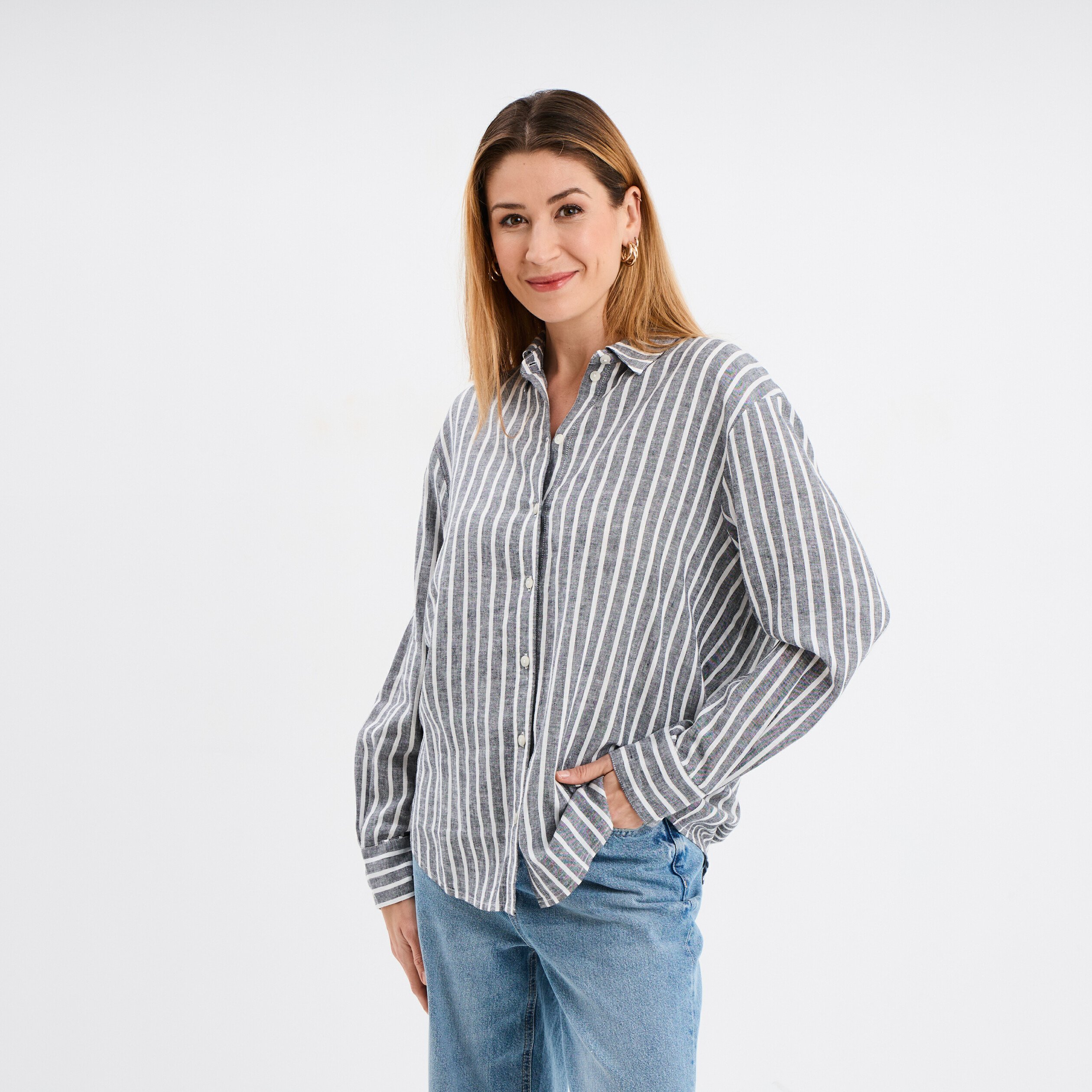 chemise oversize lin melange bleu marine femme Chemise oversize lin mélangé bleu marine femme