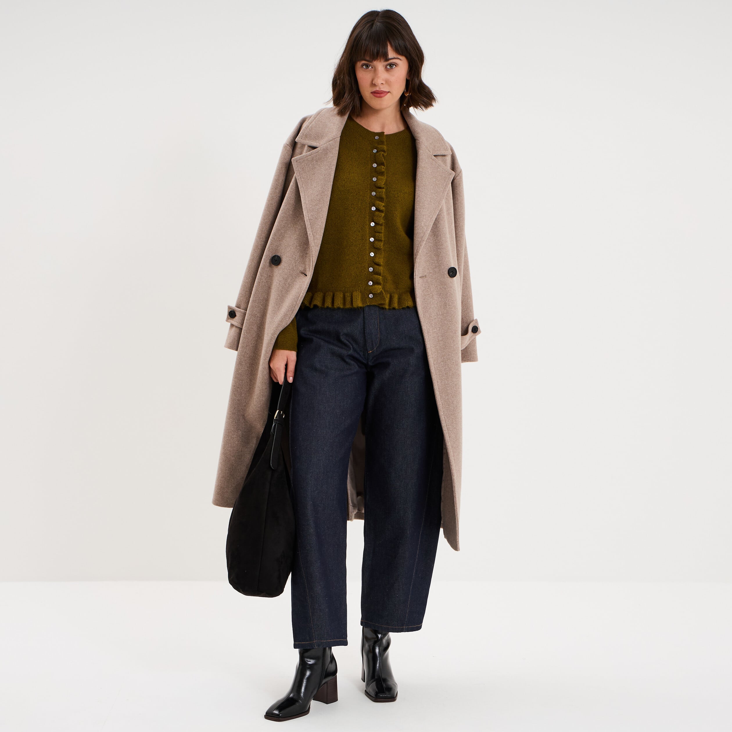 Gilet col rond &agrave; volants boutonn&eacute; vert olive femme