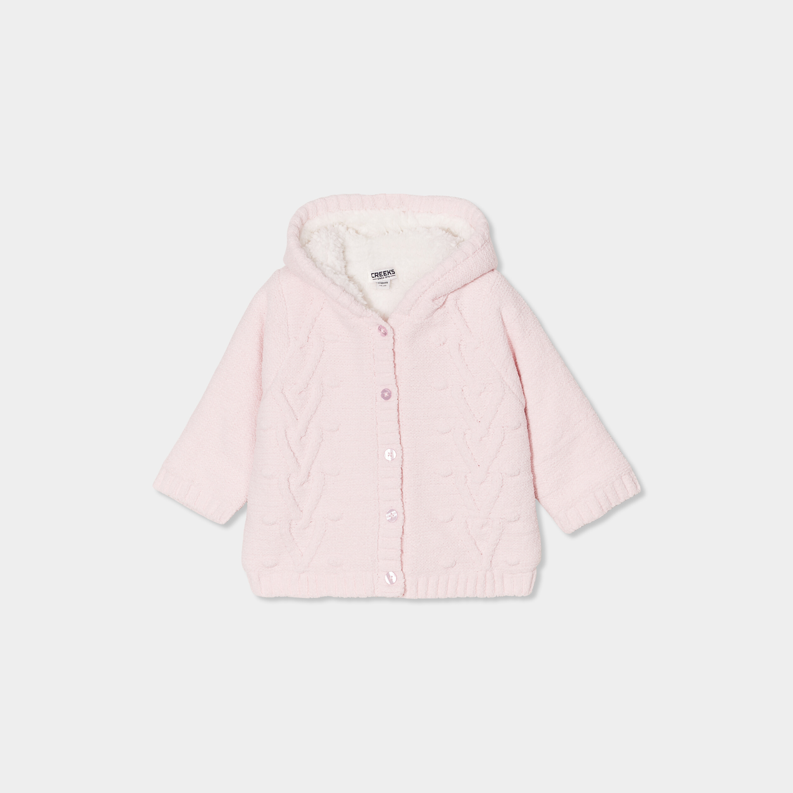 Gilet fourré torsades à capuche Creeks rose clair bébé fille