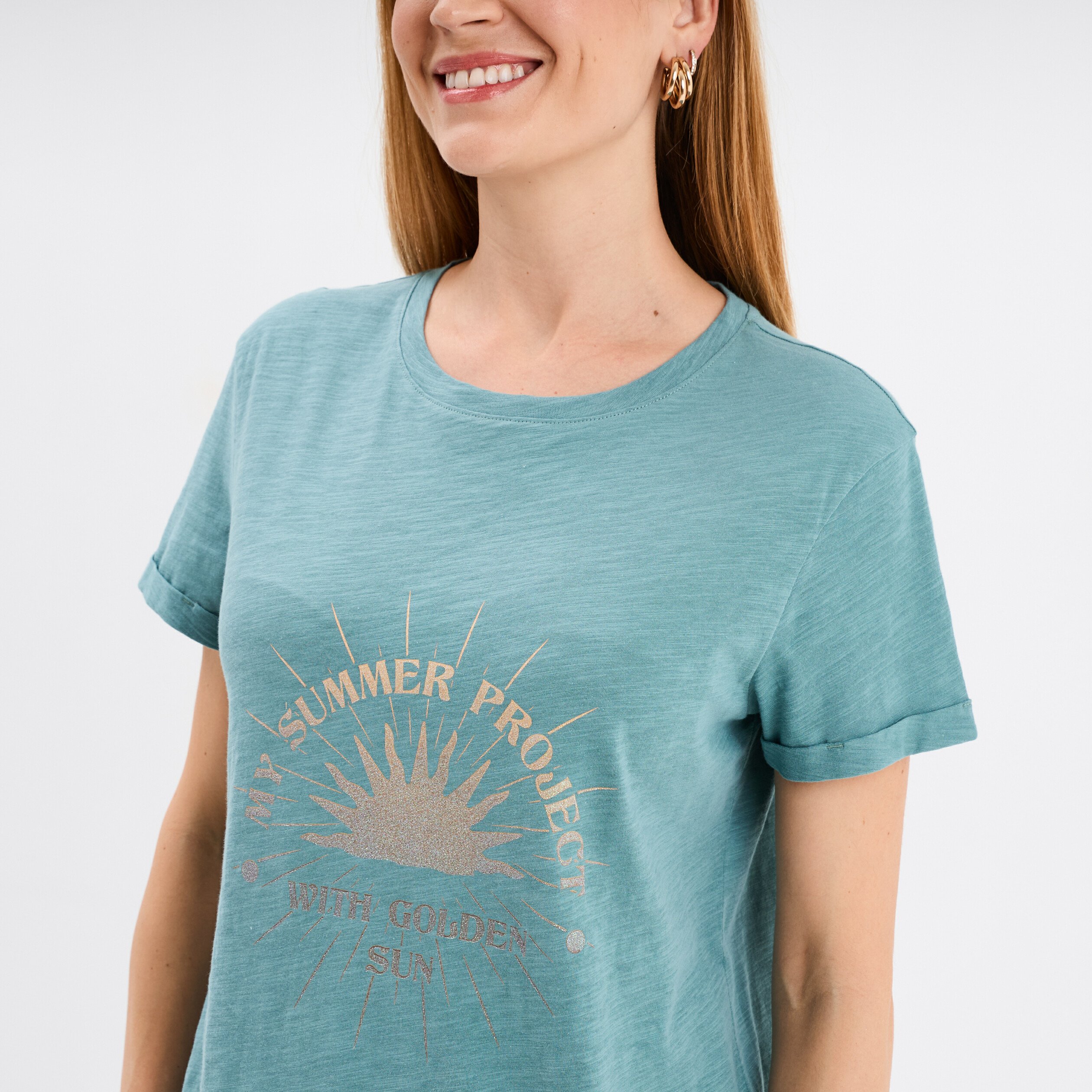 t shirt manches courtes coton vert canard femme T-shirt manches courtes coton vert canard femme