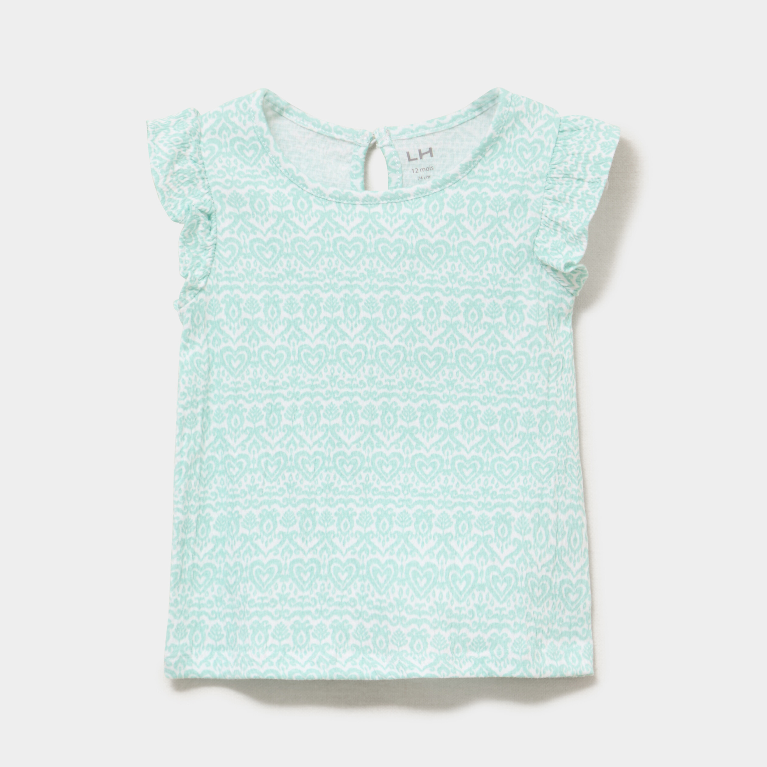 T-shirt relief&eacute; manches volants coton vert pastel b&eacute;b&eacute; fille