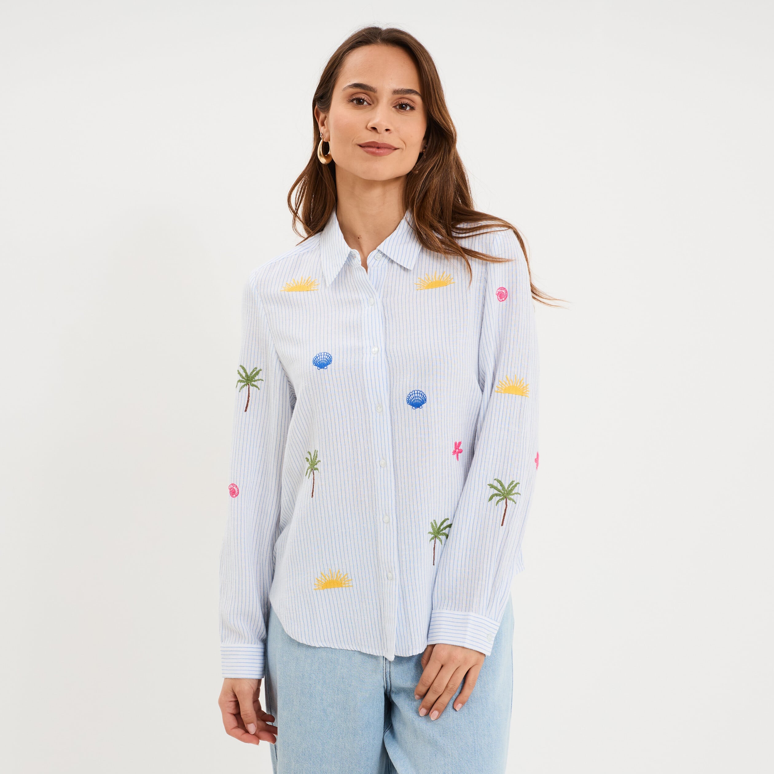 Chemise brod&eacute;e manches longues blanc femme