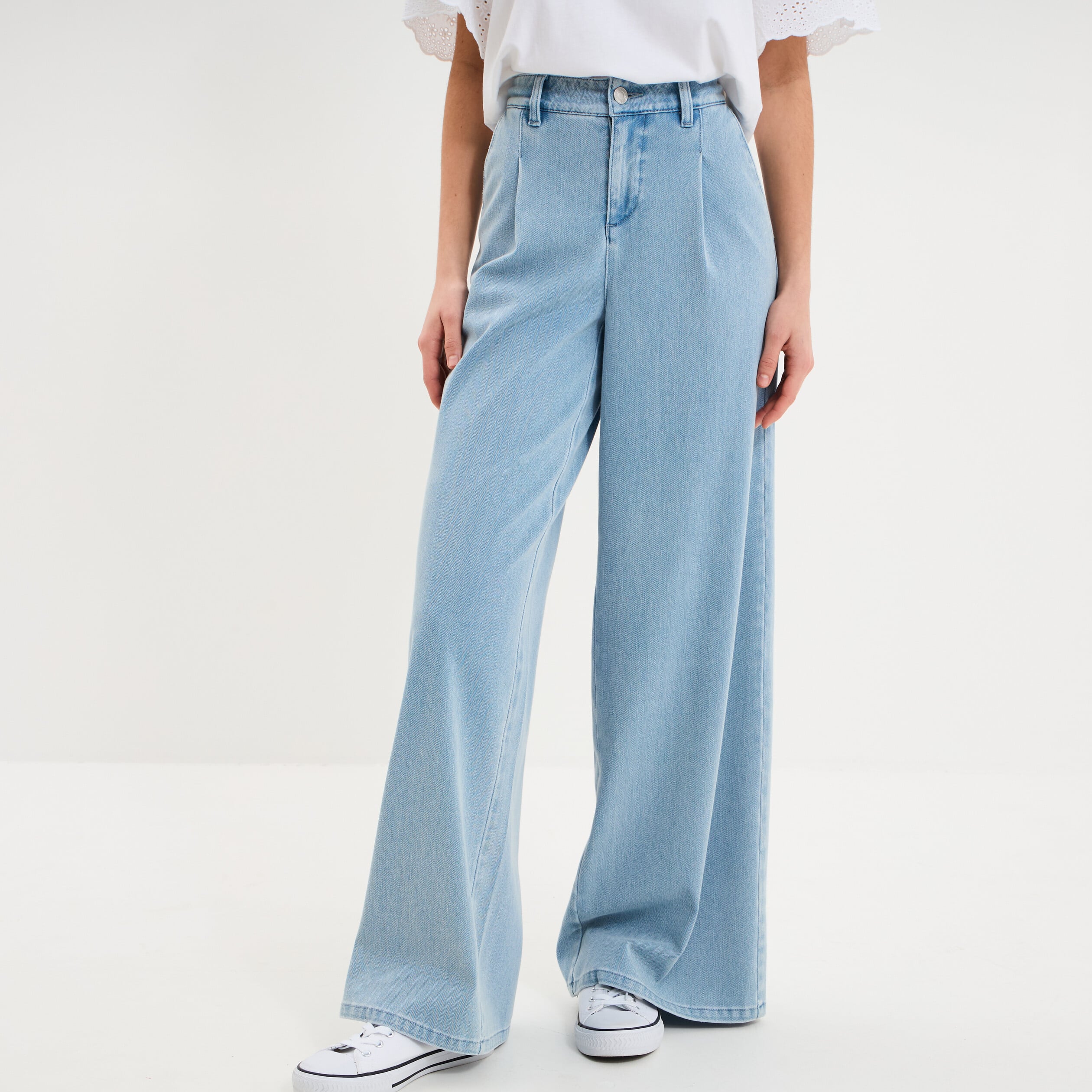 Jeans wide leg &agrave; pinces denim triple stone femme
