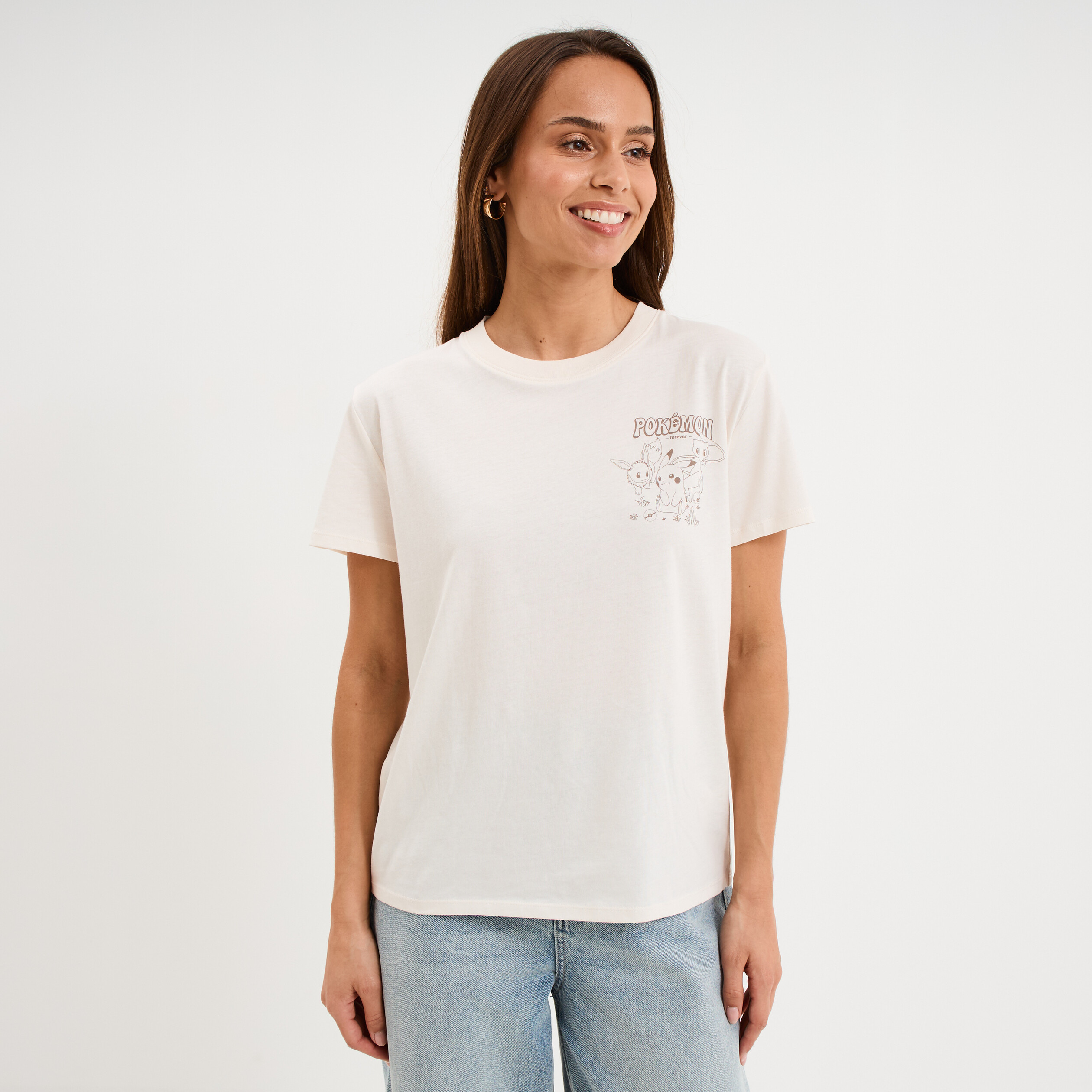 T-shirt manches courtes coton Pok&eacute;mon ivoire femme