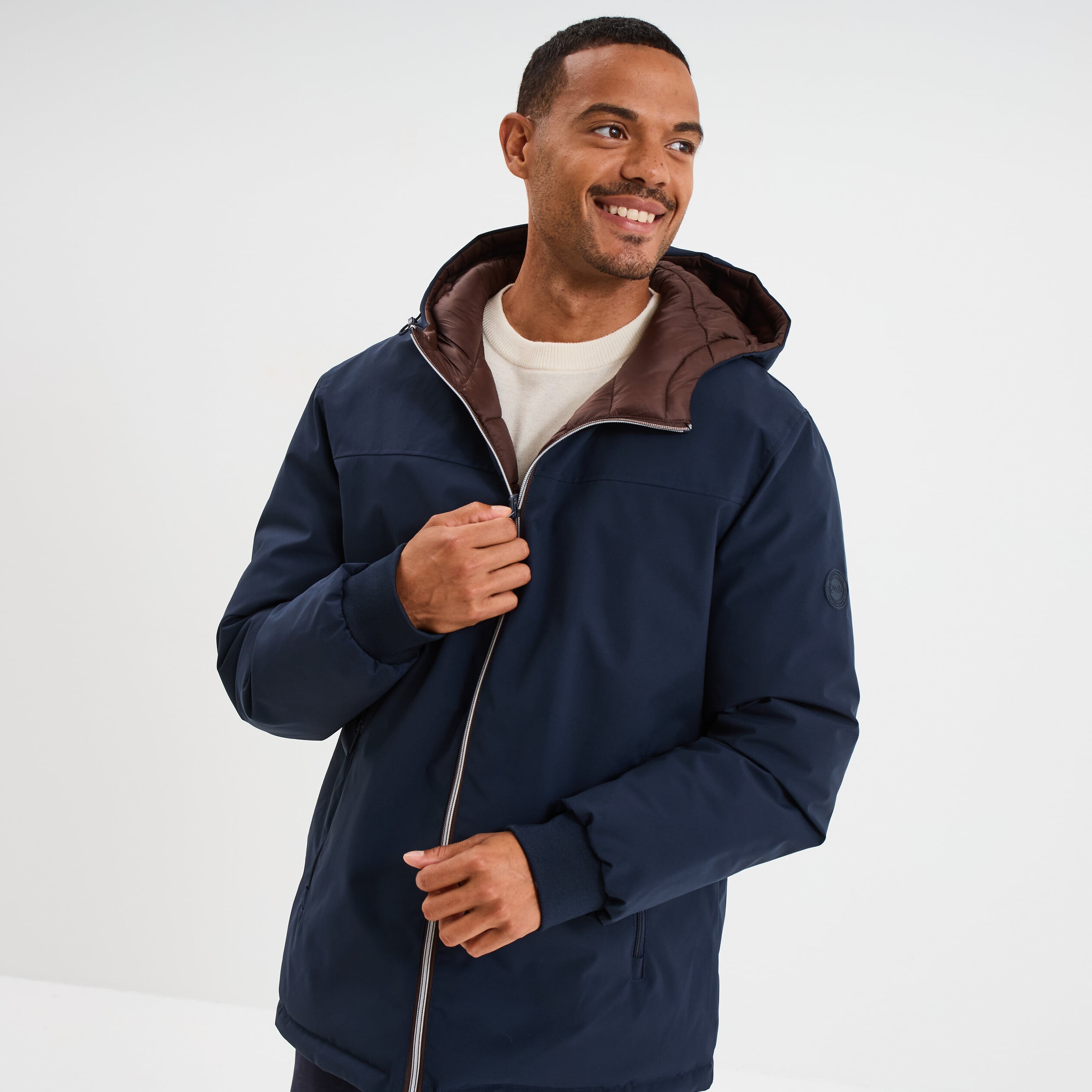 Blouson r&eacute;versible &agrave; capuche zipp&eacute; bleu marine homme