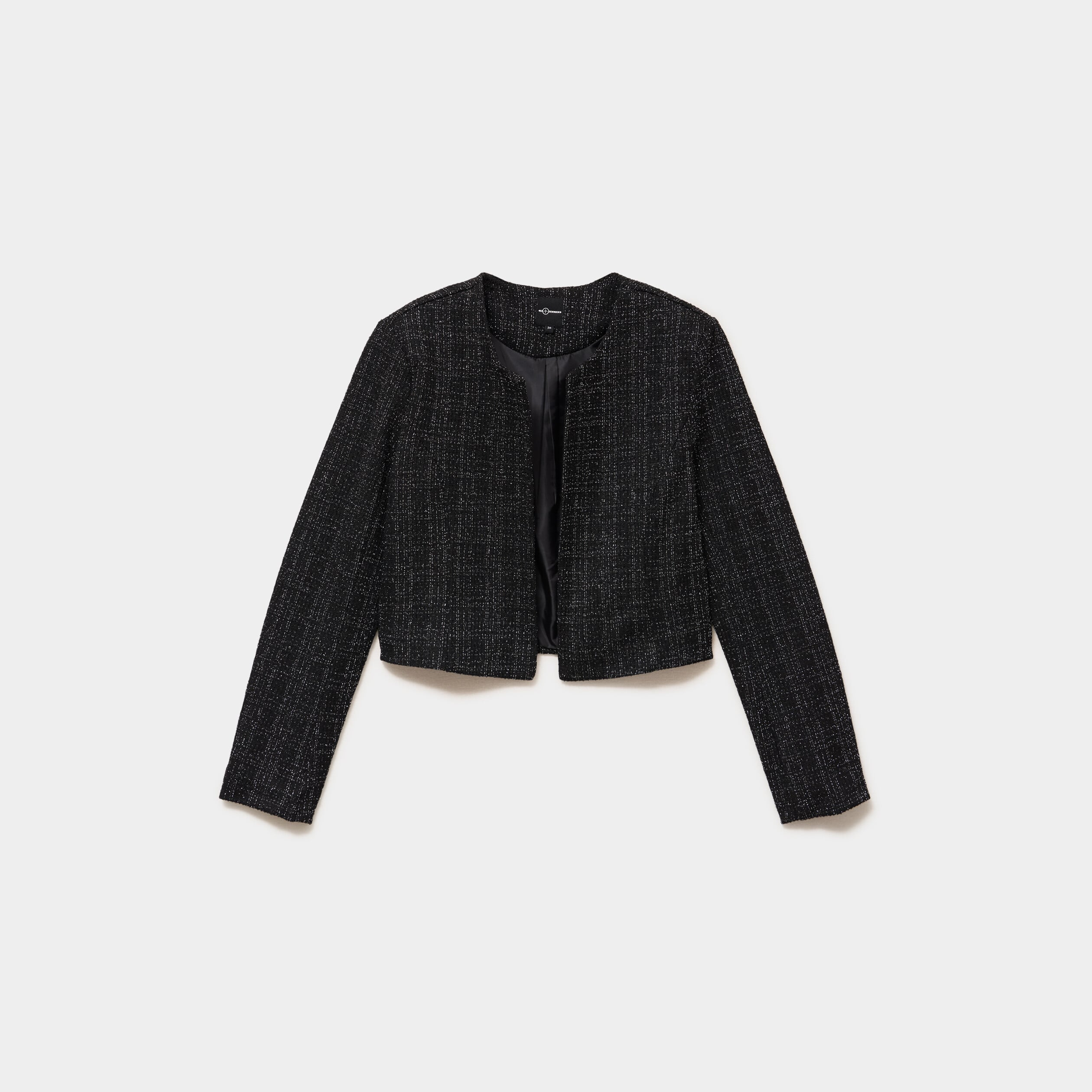 Veste bol&eacute;ro tweed manches longues noir femme