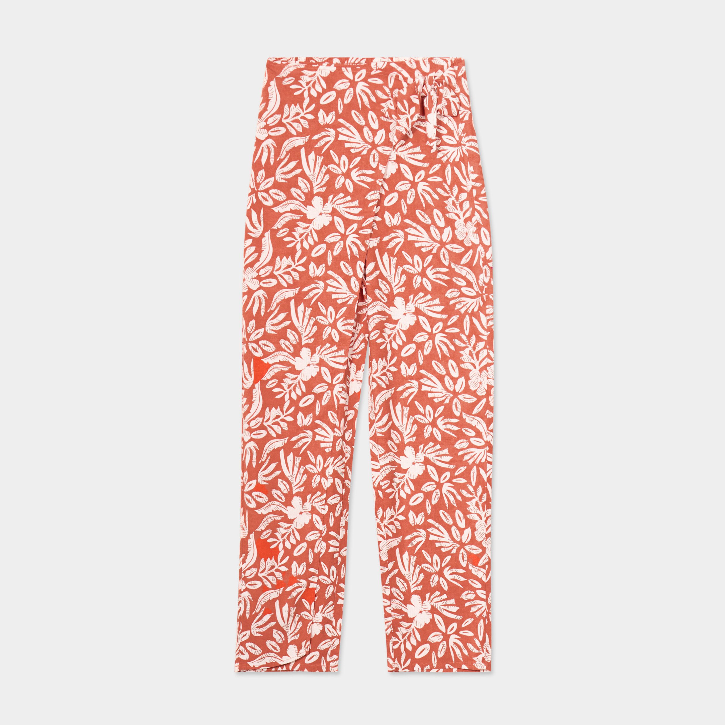 pantalon avec pan noue melange lin terracotta femme Pantalon avec pan noué mélange lin terracotta femme
