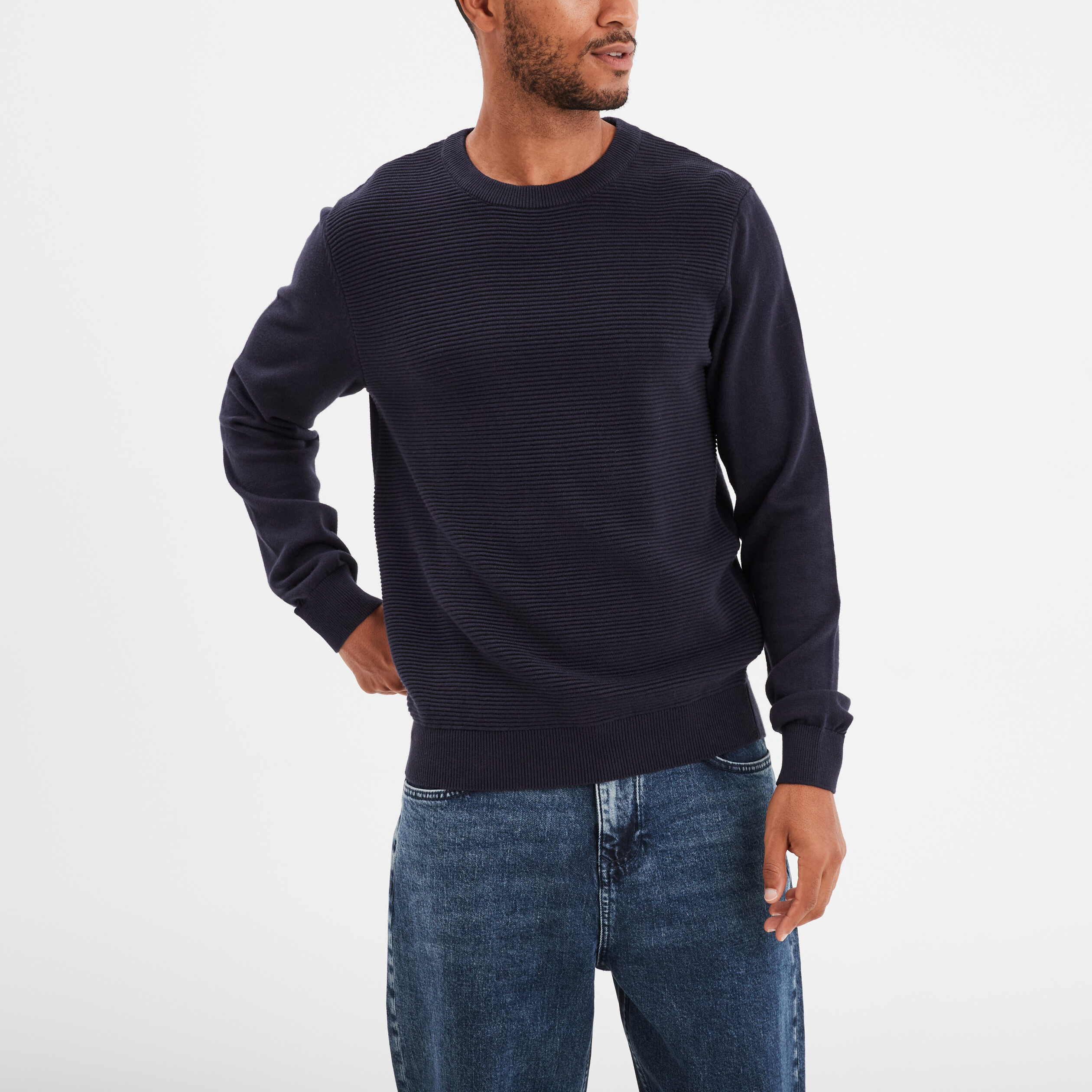 pull col rond coton manches longues bleu fonce homme Pull col rond coton manches longues bleu foncé homme
