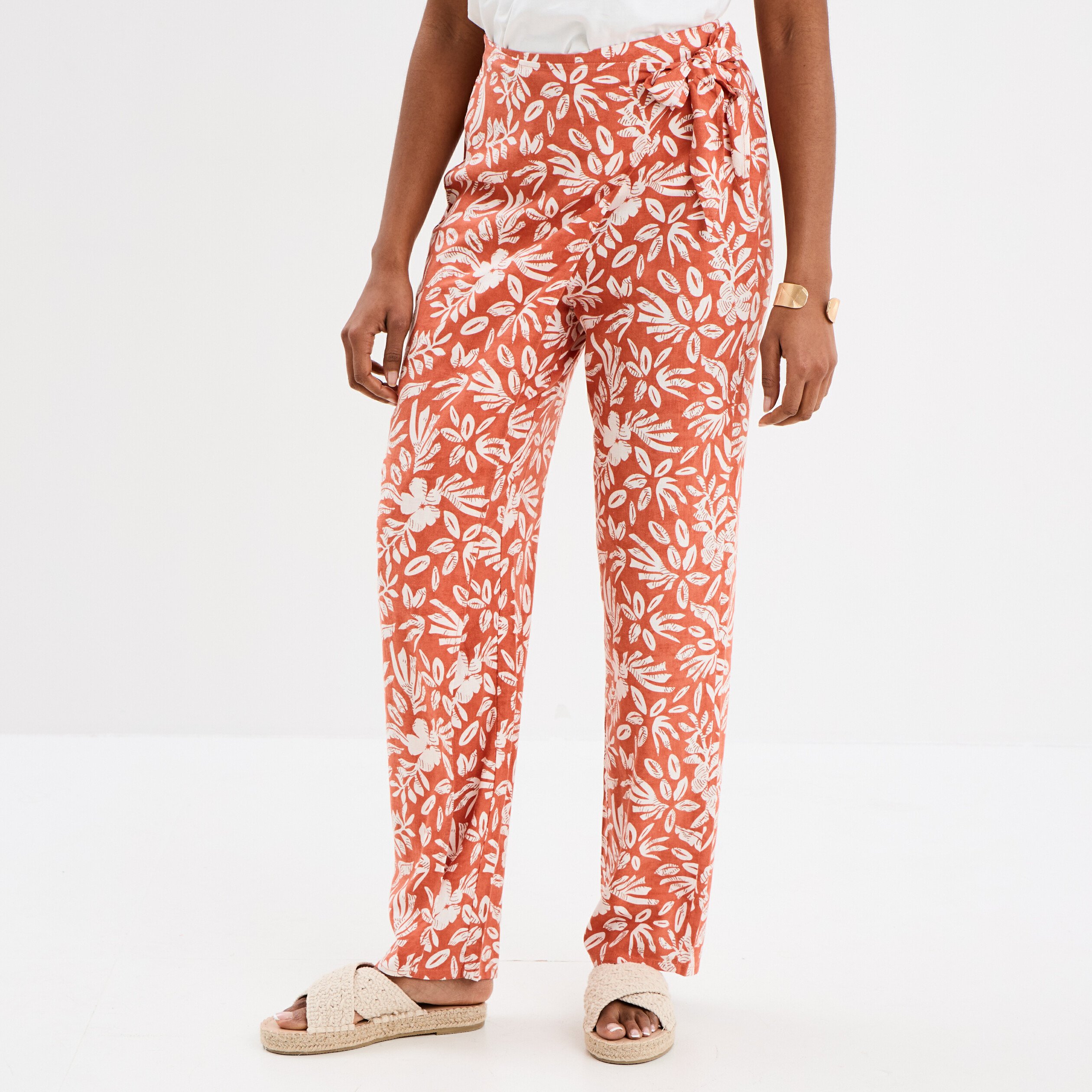 pantalon avec pan noue melange lin terracotta femme Pantalon avec pan noué mélange lin terracotta femme