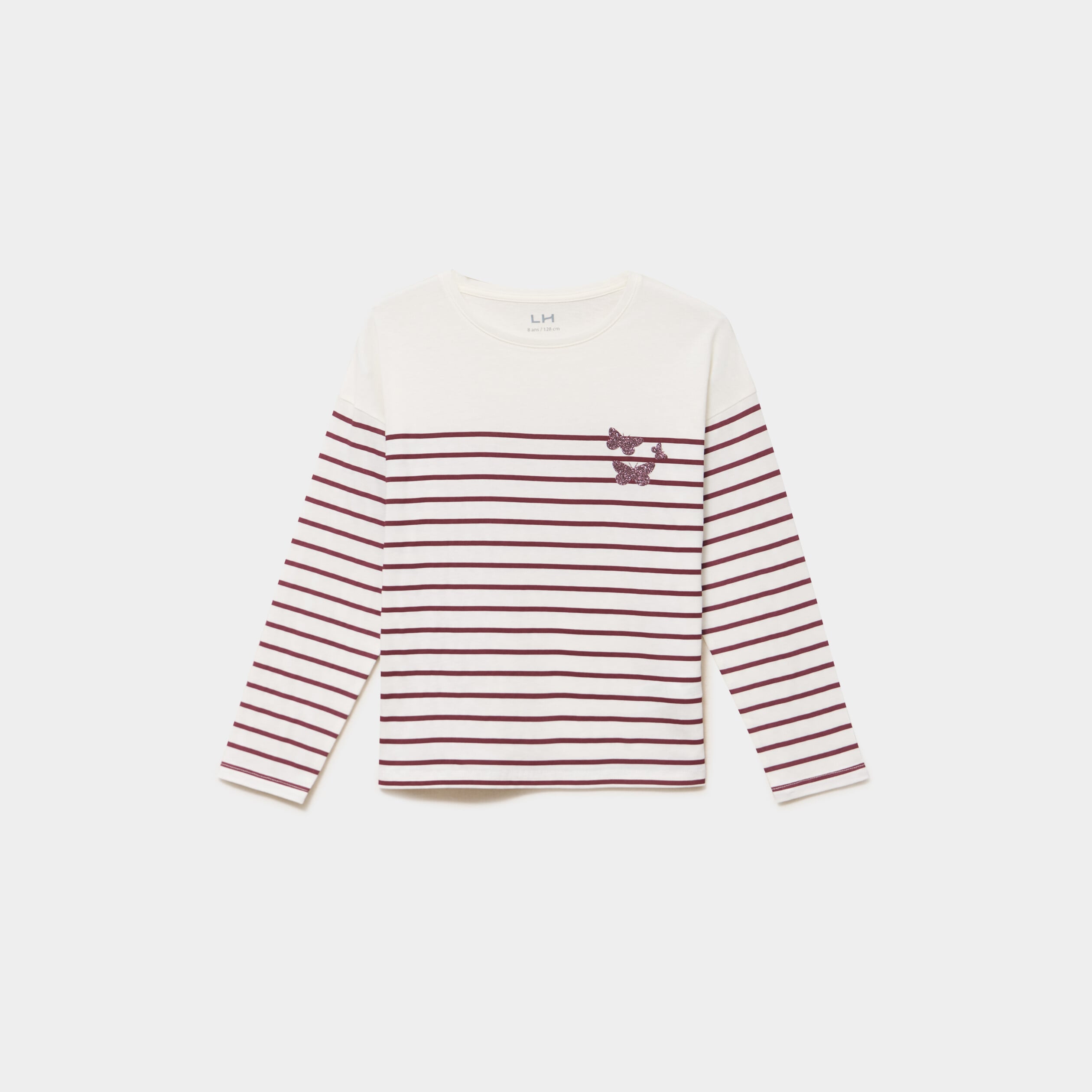 T-shirt coton col rond manches longues bordeaux fille