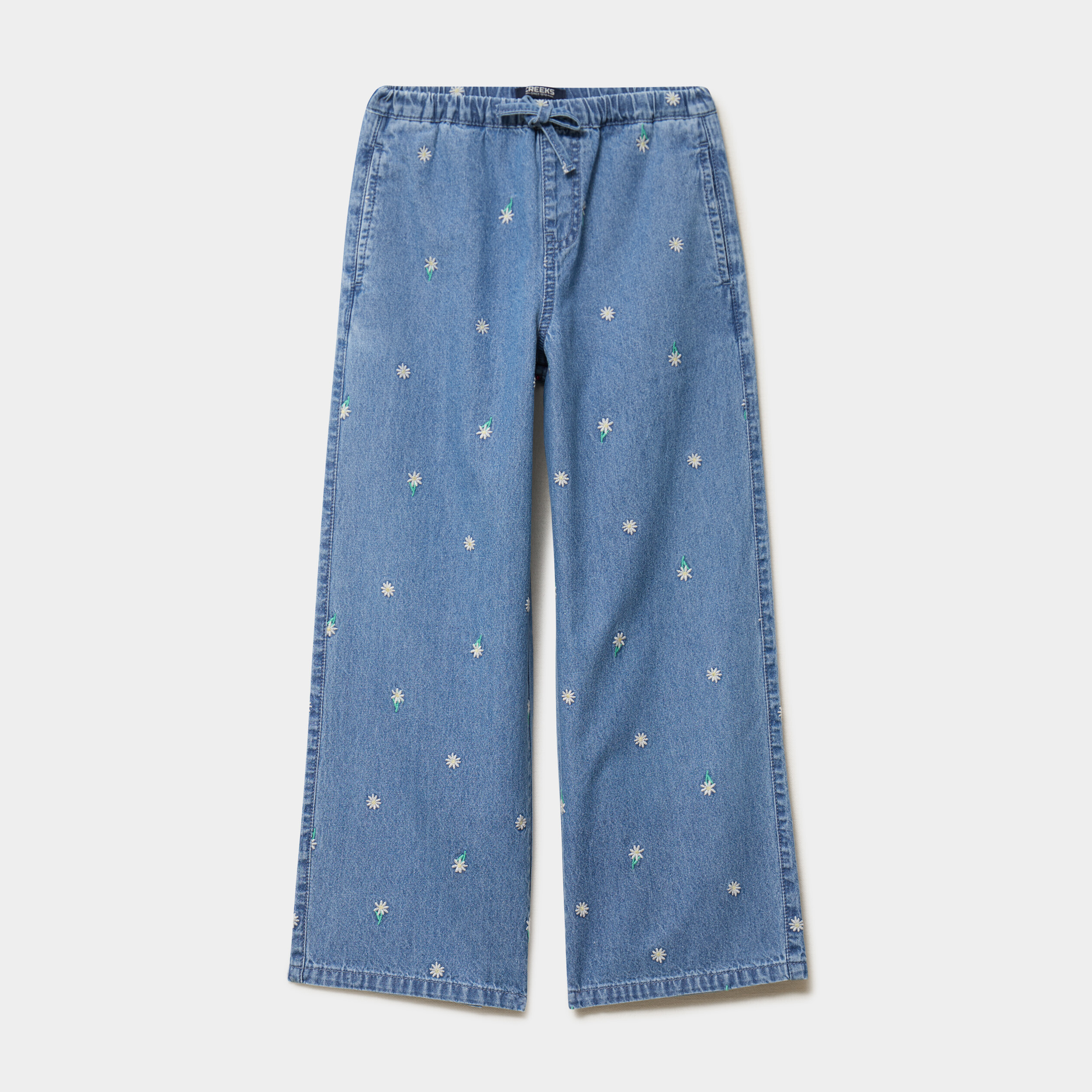 Jean large brod&eacute; taille &eacute;lastiqu&eacute;e denim double stone fille