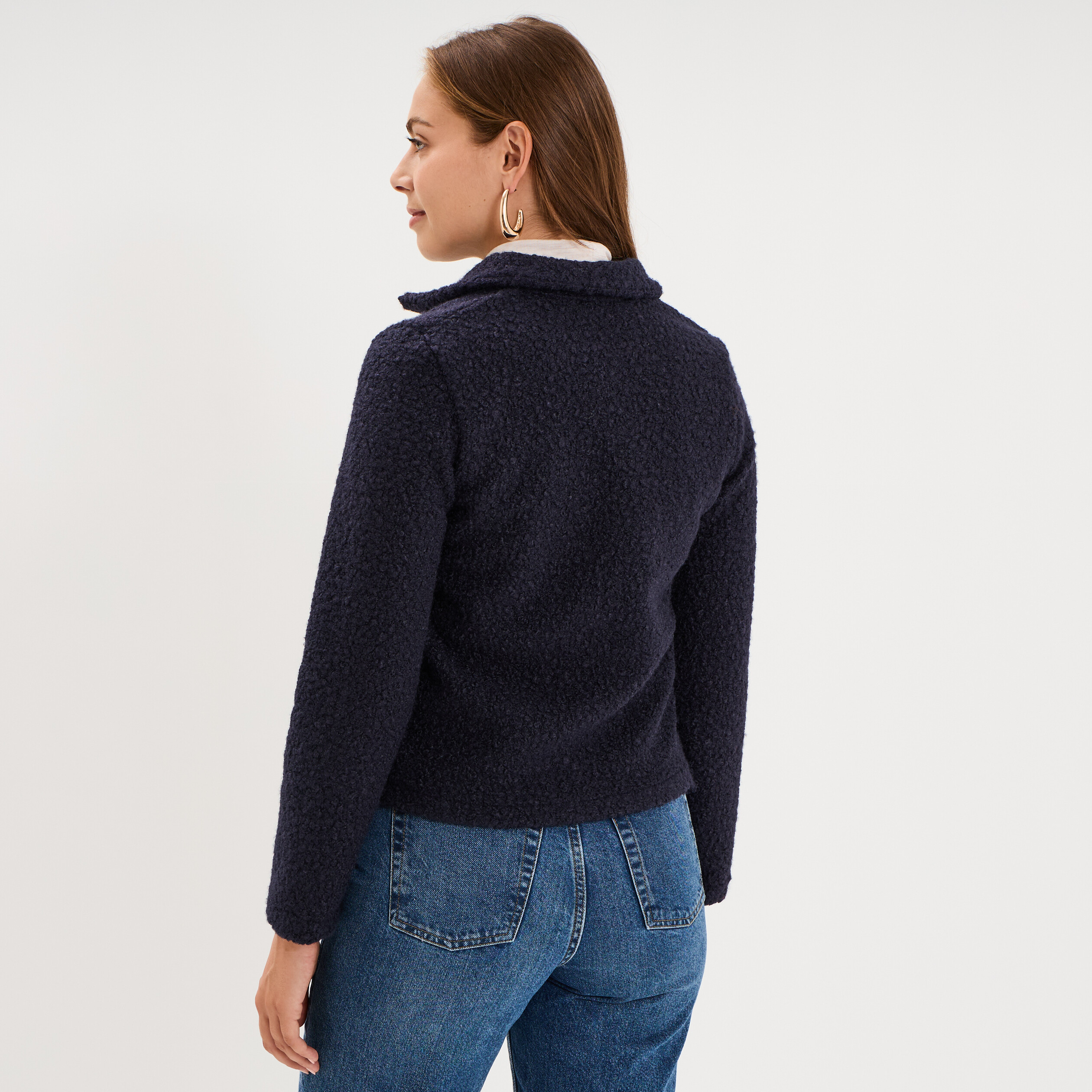 Veste courte boutonn&eacute;e effet bouclette bleu marine femme