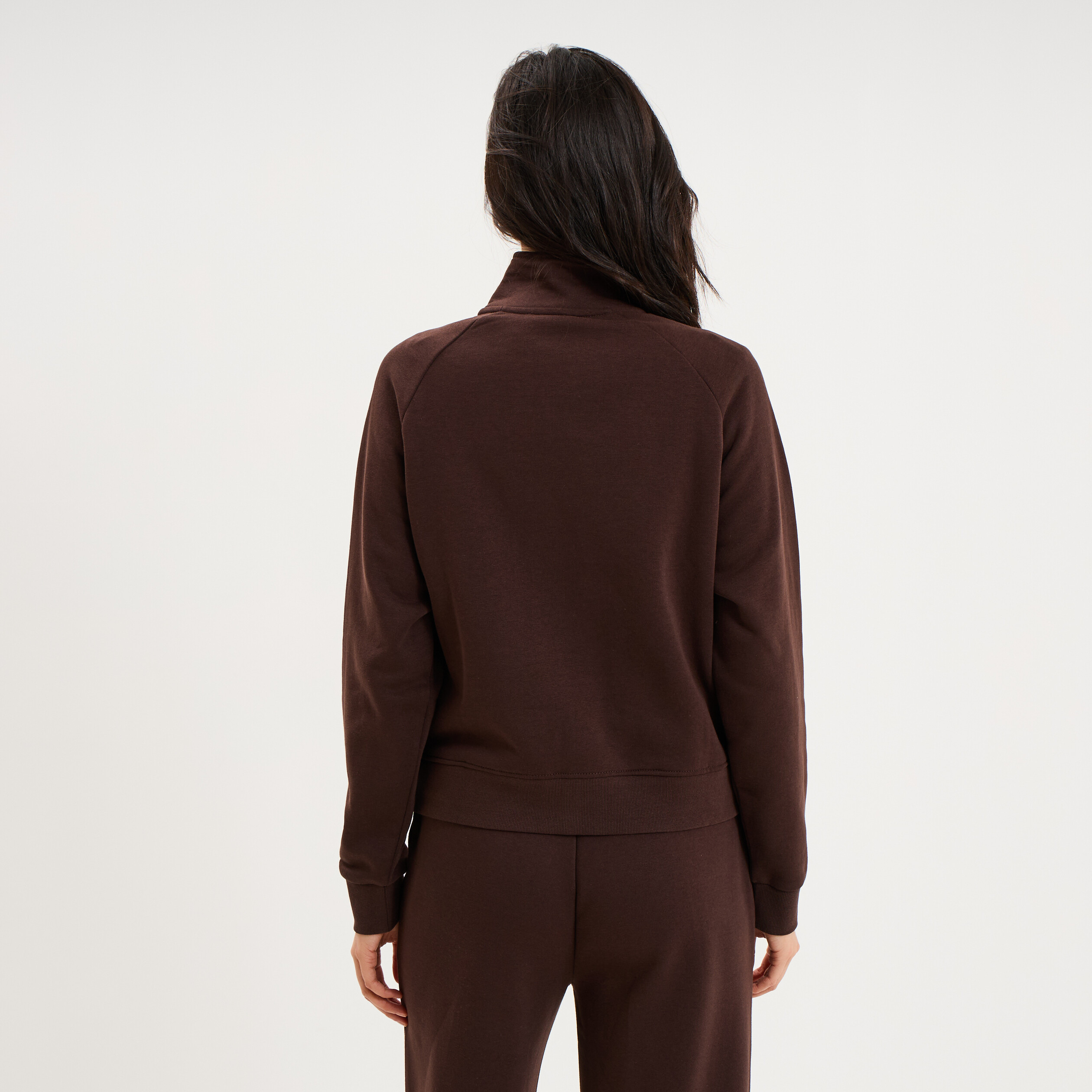 Sweat zipp&eacute; molleton col montant marron fonc&eacute; femme