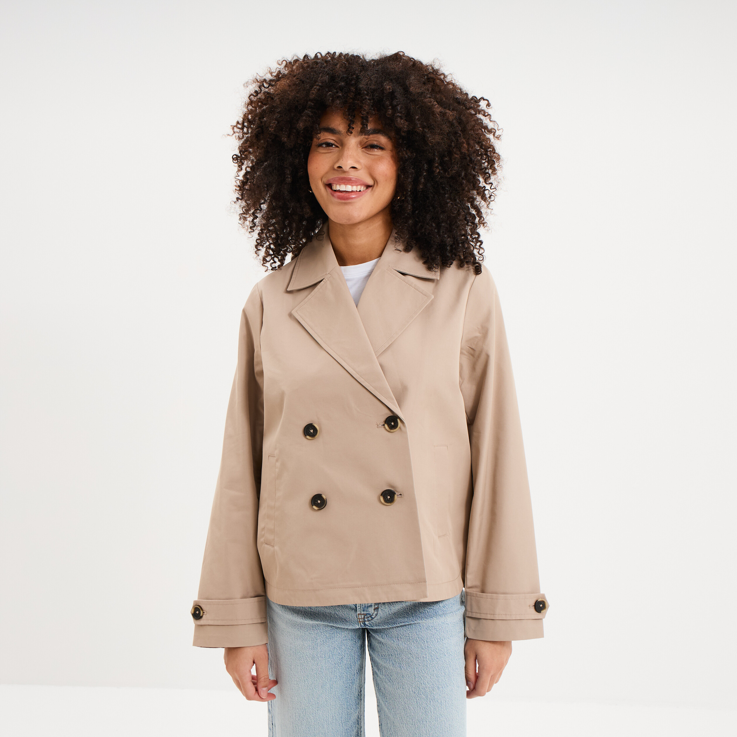 Trench court double boutonnage beige femme