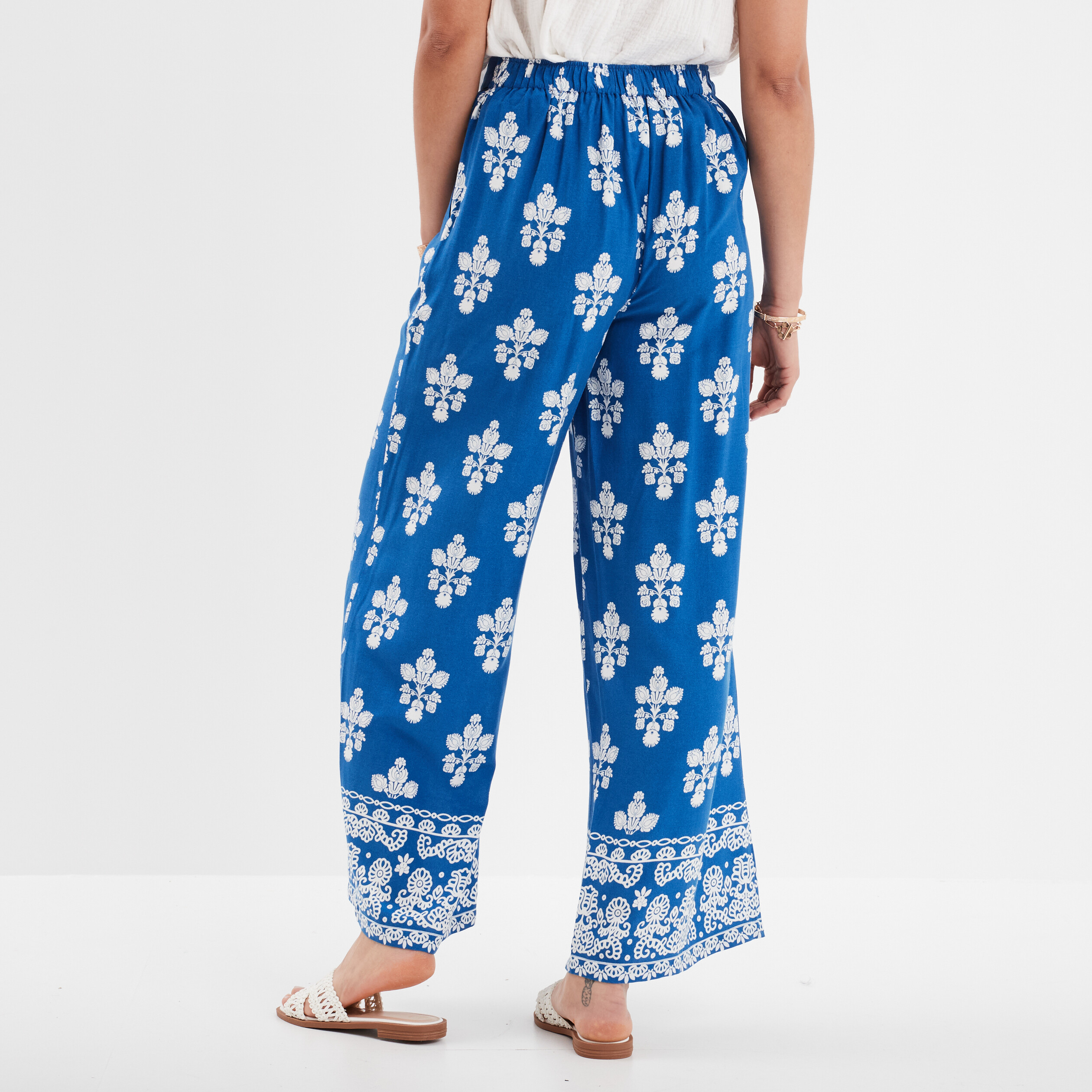 Pantalon large fluide noeud taille bleu electrique femme