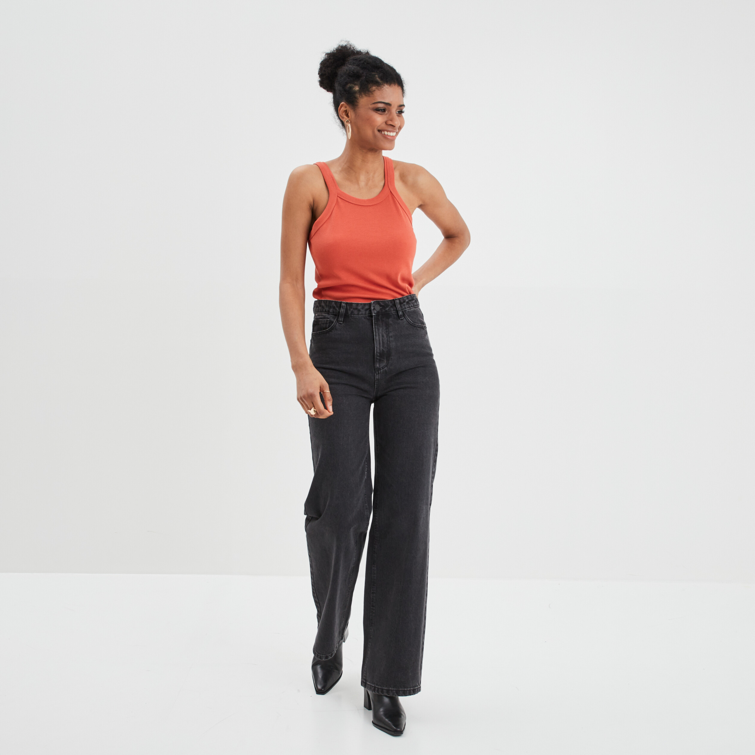 Débardeur côtelé encolure américaine orange foncé femme
