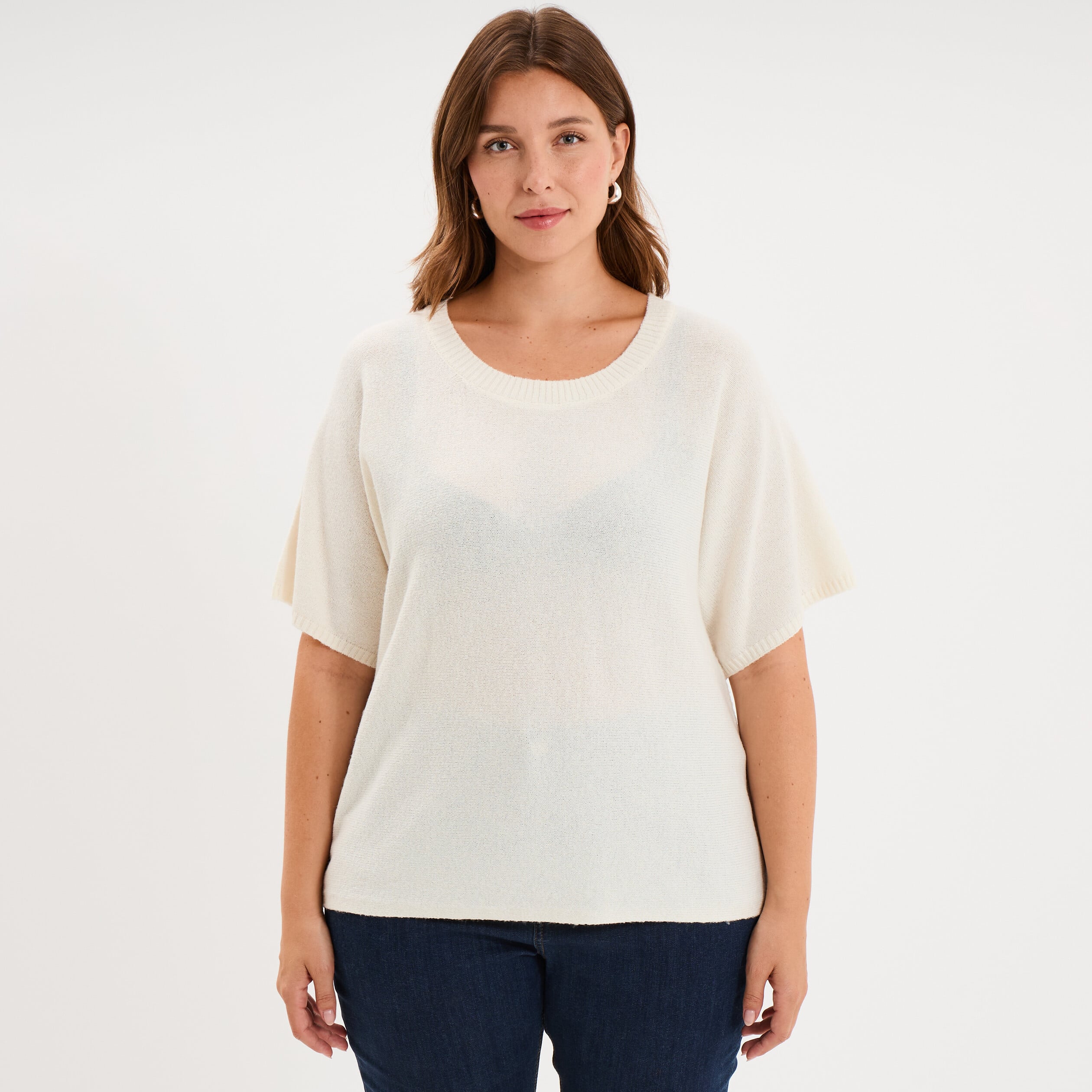 Pull manches courtes ivoire femme grande taille