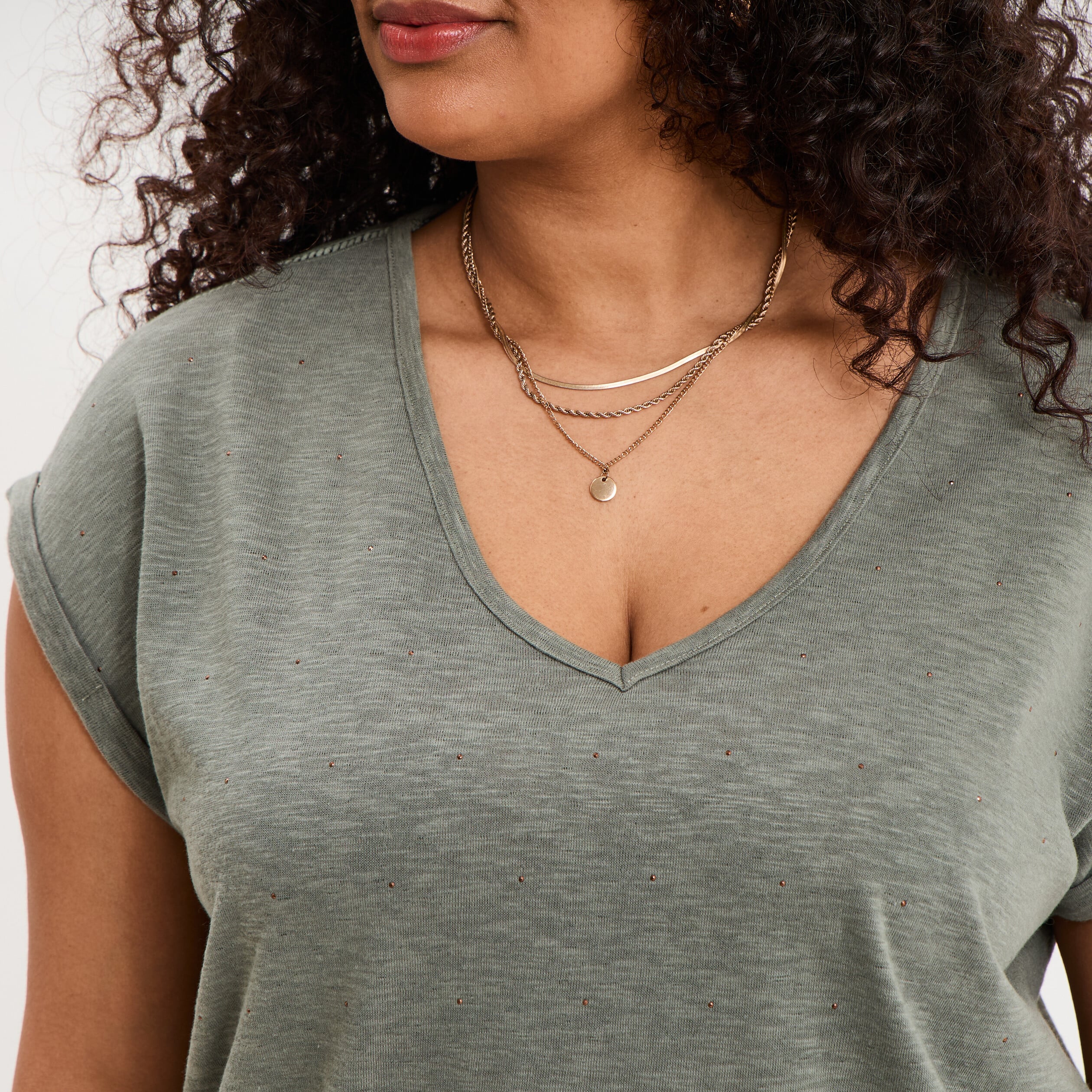 T-shirt avec strass manches courtes vert kaki femme grande taille