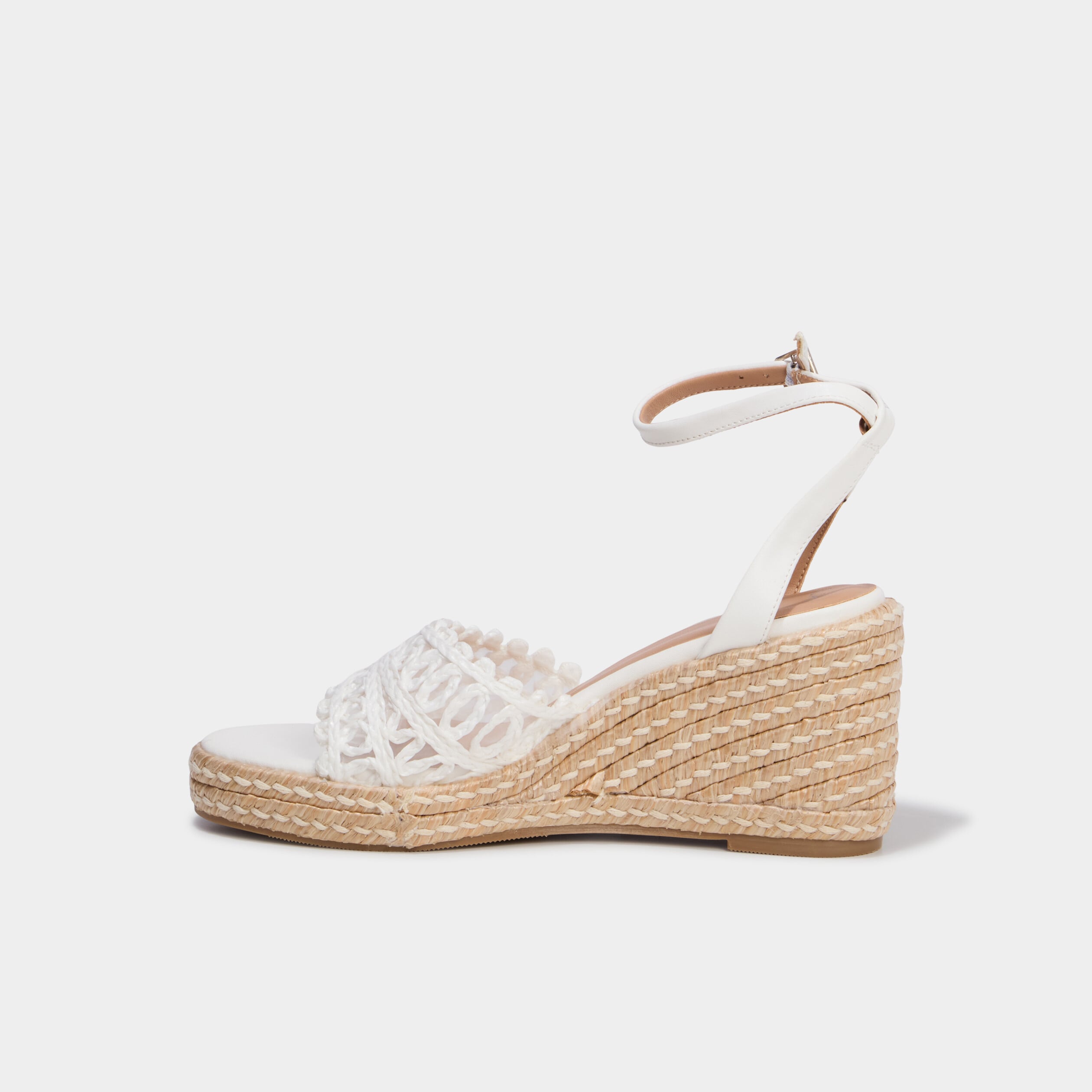 Sandales compens&eacute;es avec d&eacute;tails tress&eacute;s blanc femme