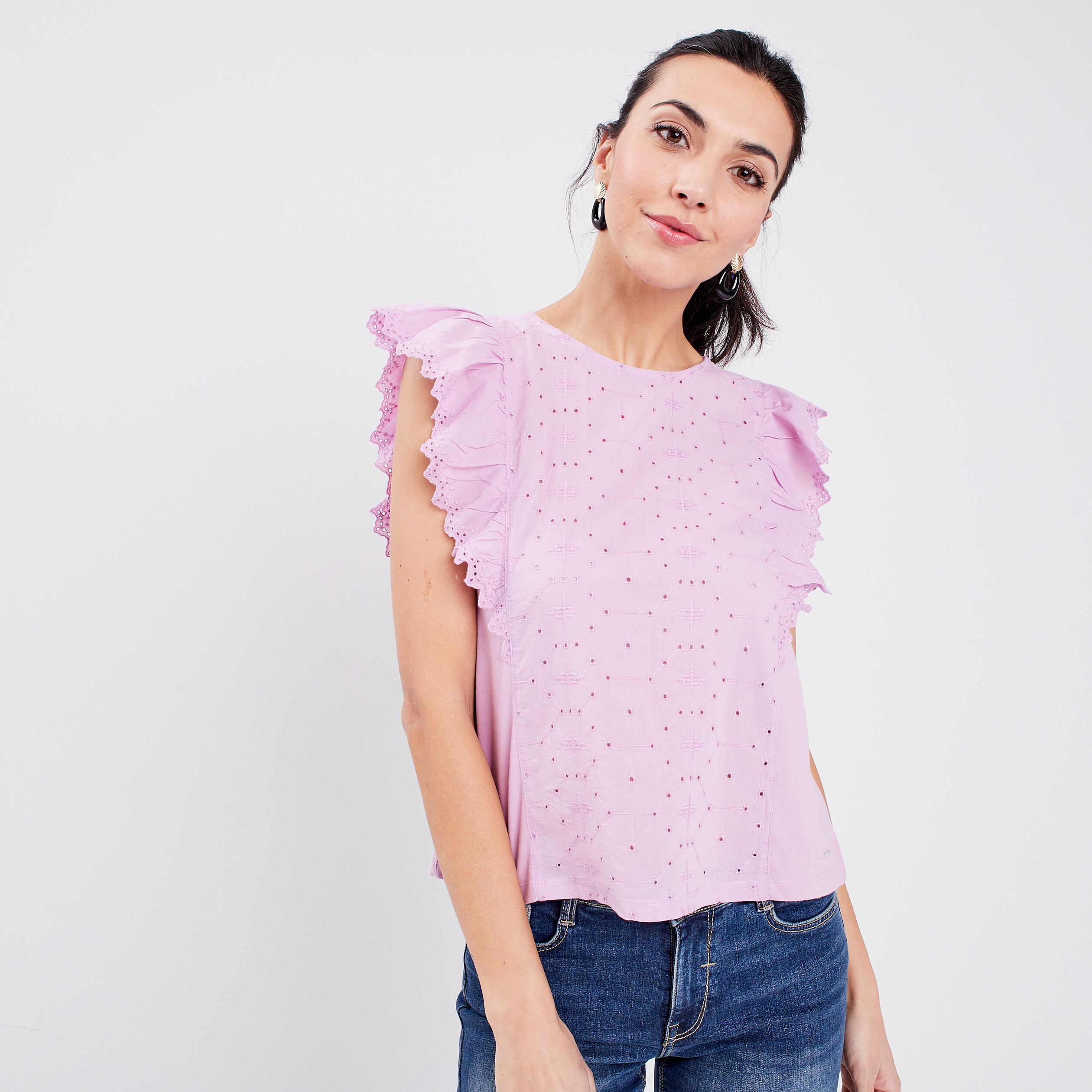 T-shirt avec broderie anglaise parme femme