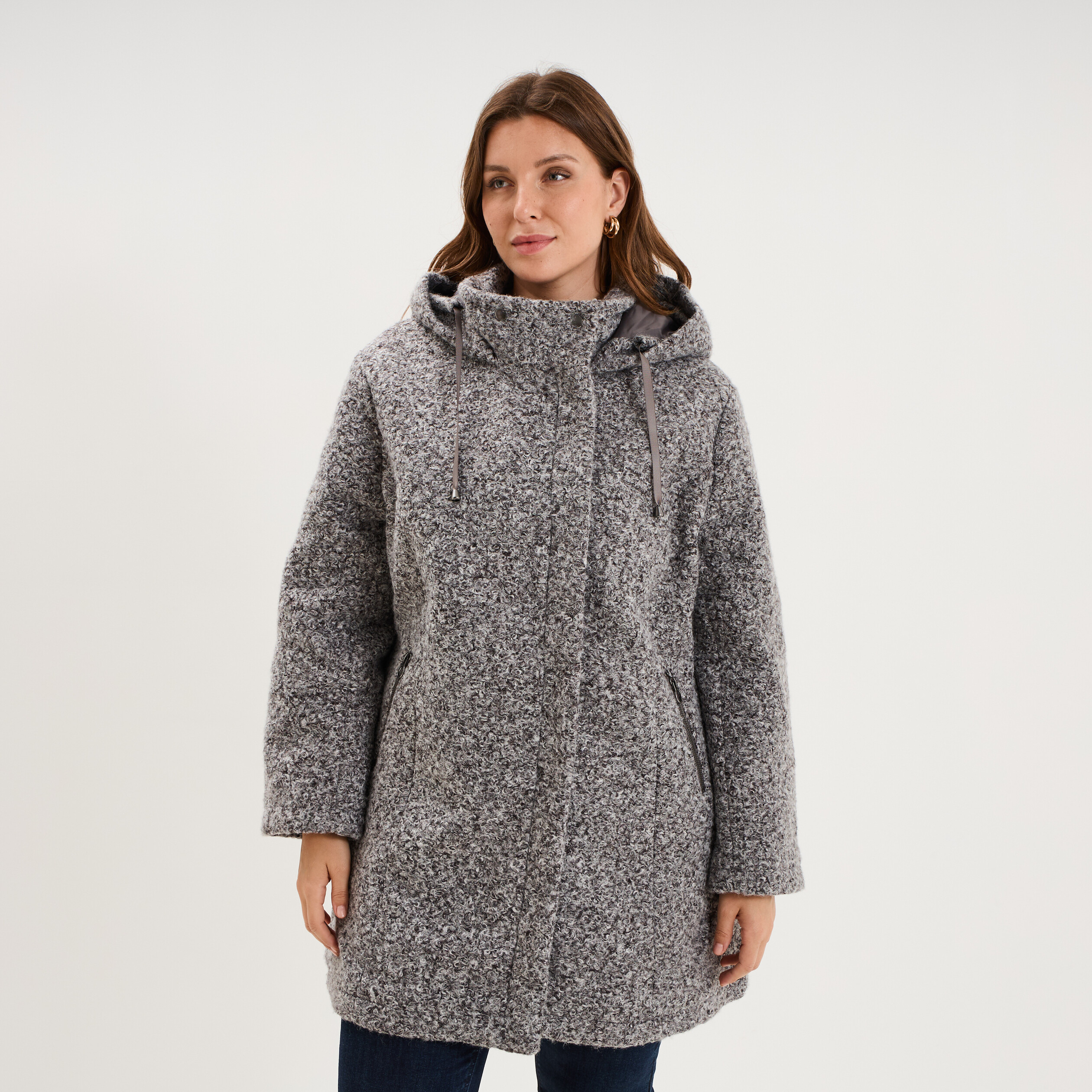 Manteau aspect bouclette &agrave; capuche gris femme grande taille