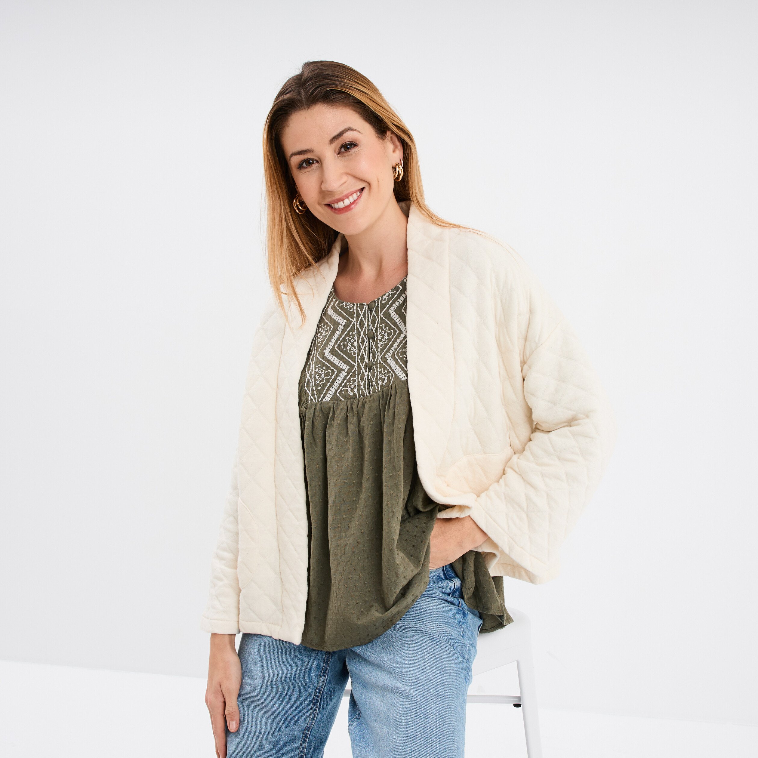 veste esprit kimono matelassee en jersey blanc femme Veste esprit kimono matelassée en jersey blanc femme