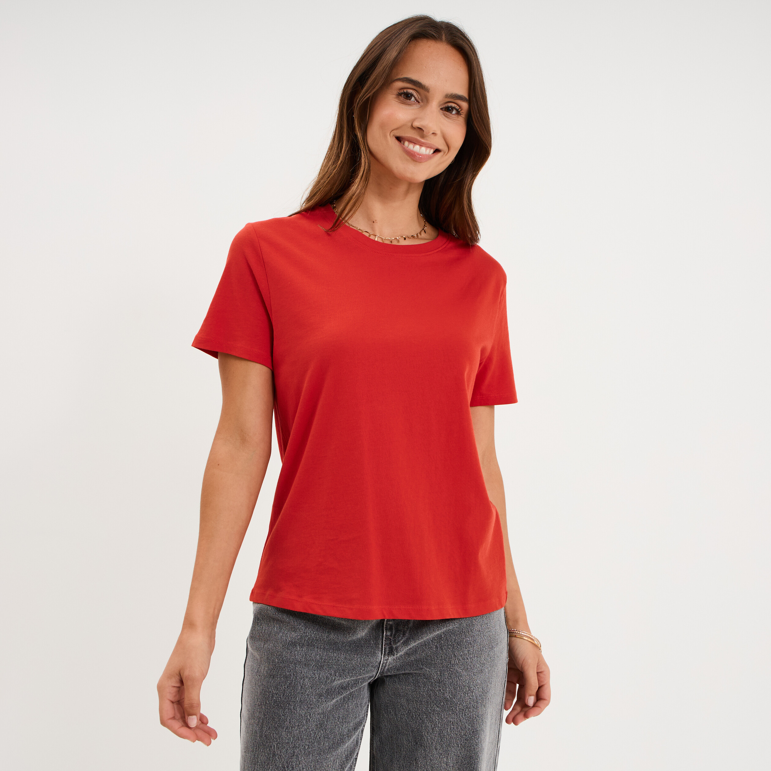 T-shirt col rond manches courtes coton rouge femme