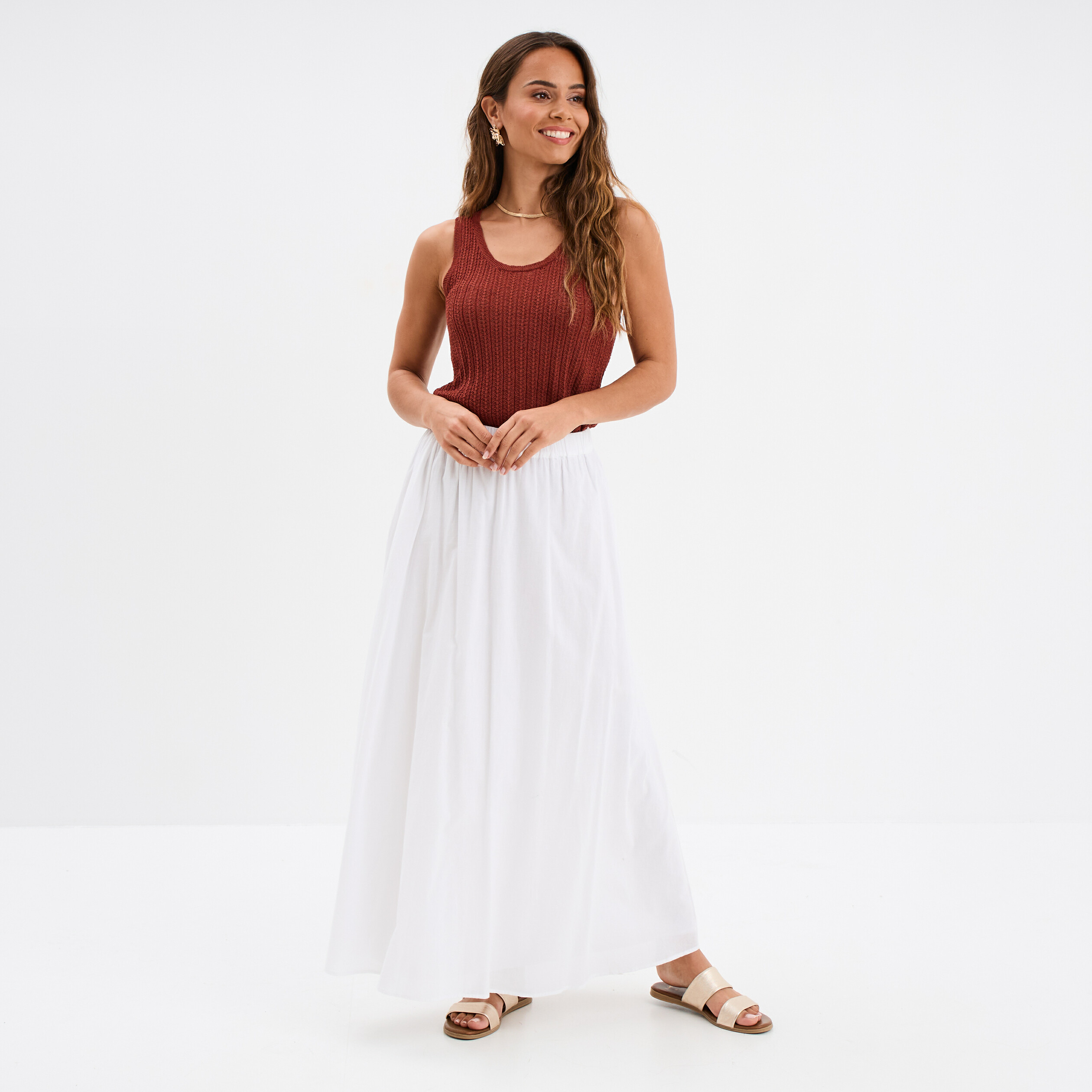 debardeur maille col rond marron cognac femme Débardeur maille col rond marron cognac femme