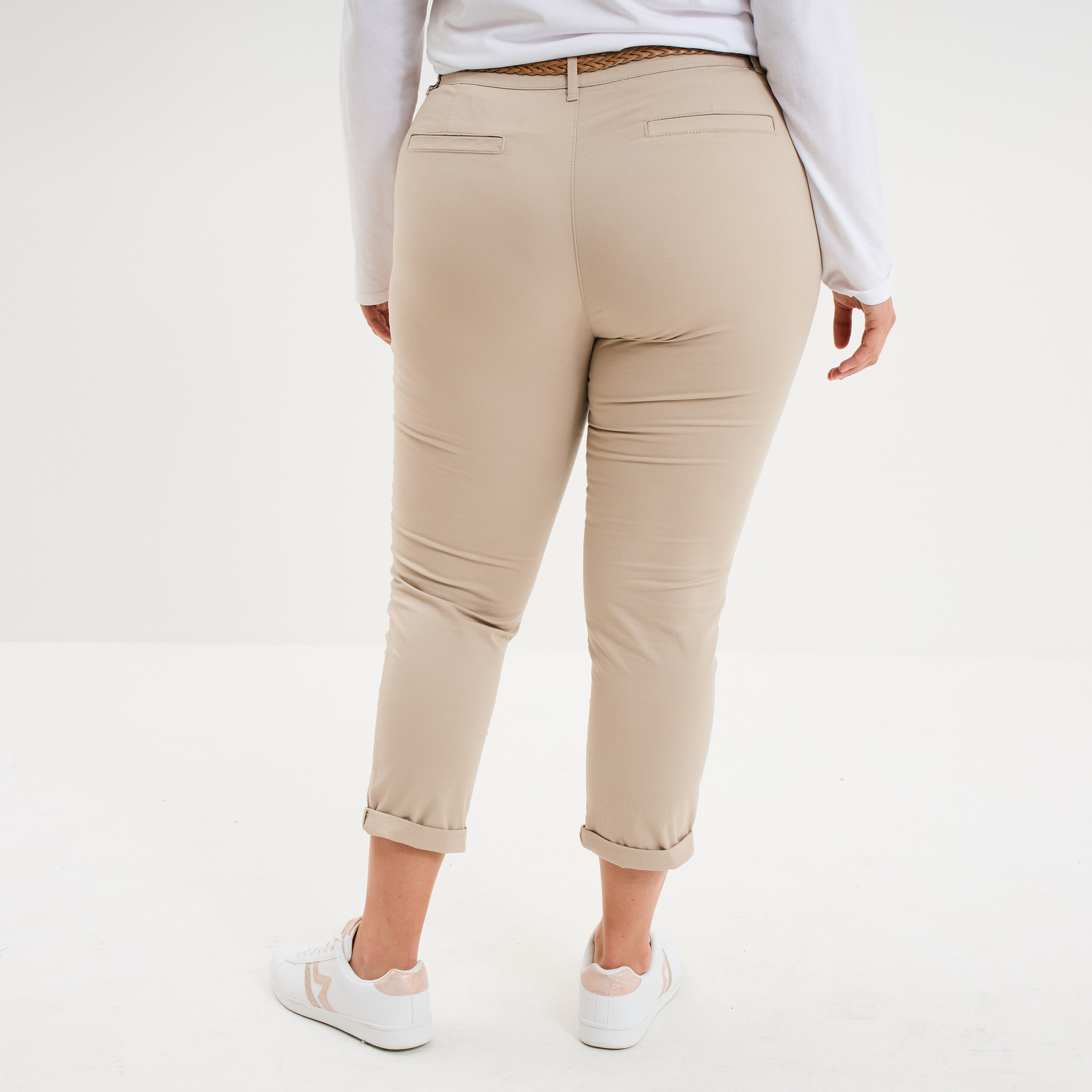 Pantalon chino taille haute coton beige femme grande taille