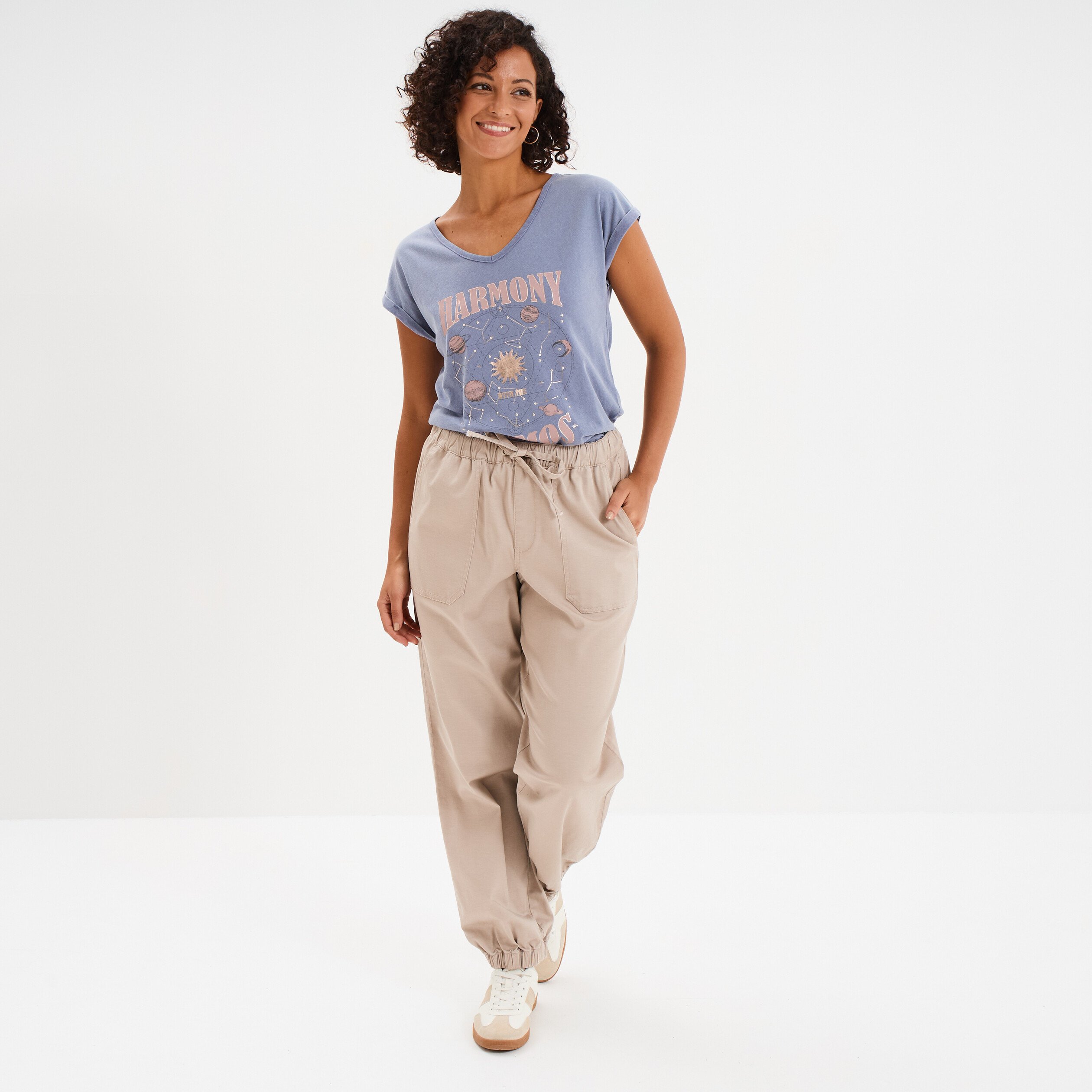 pantalon droit battle taille elastiquee sable femme Pantalon droit battle taille élastiquée sable femme